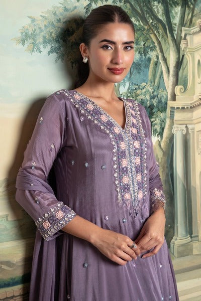 Vintage Mauve Embellished Chinon Silk Anarkali Set