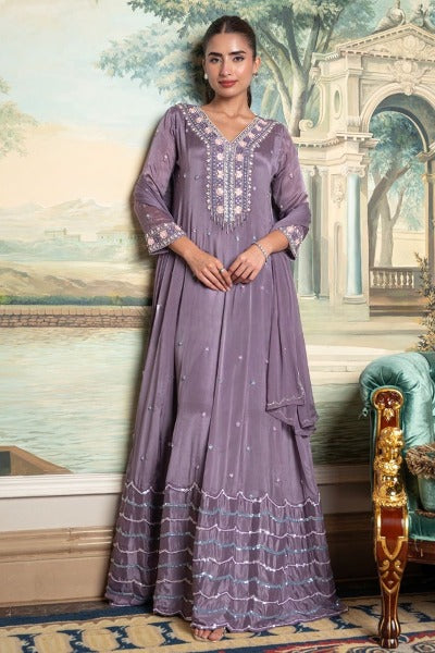 Vintage Mauve Embellished Chinon Silk Anarkali Set