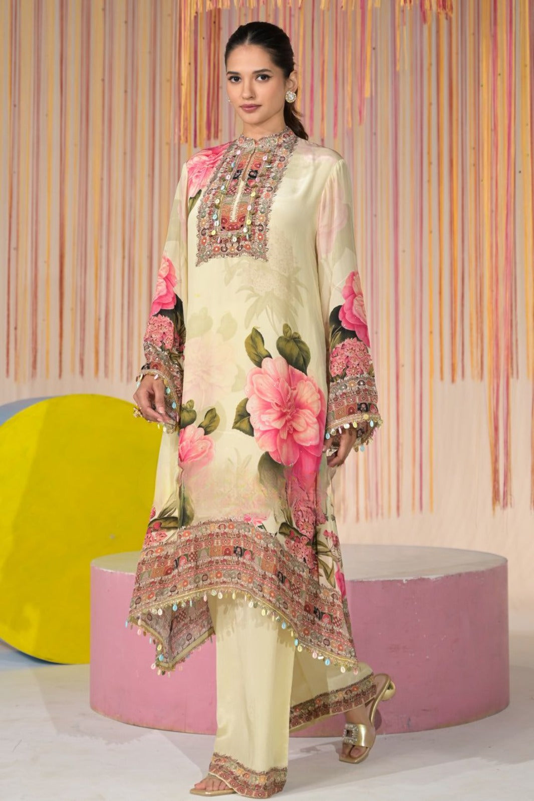 Pastel Yellow Floral Printed Crepe Silk Kurta Set