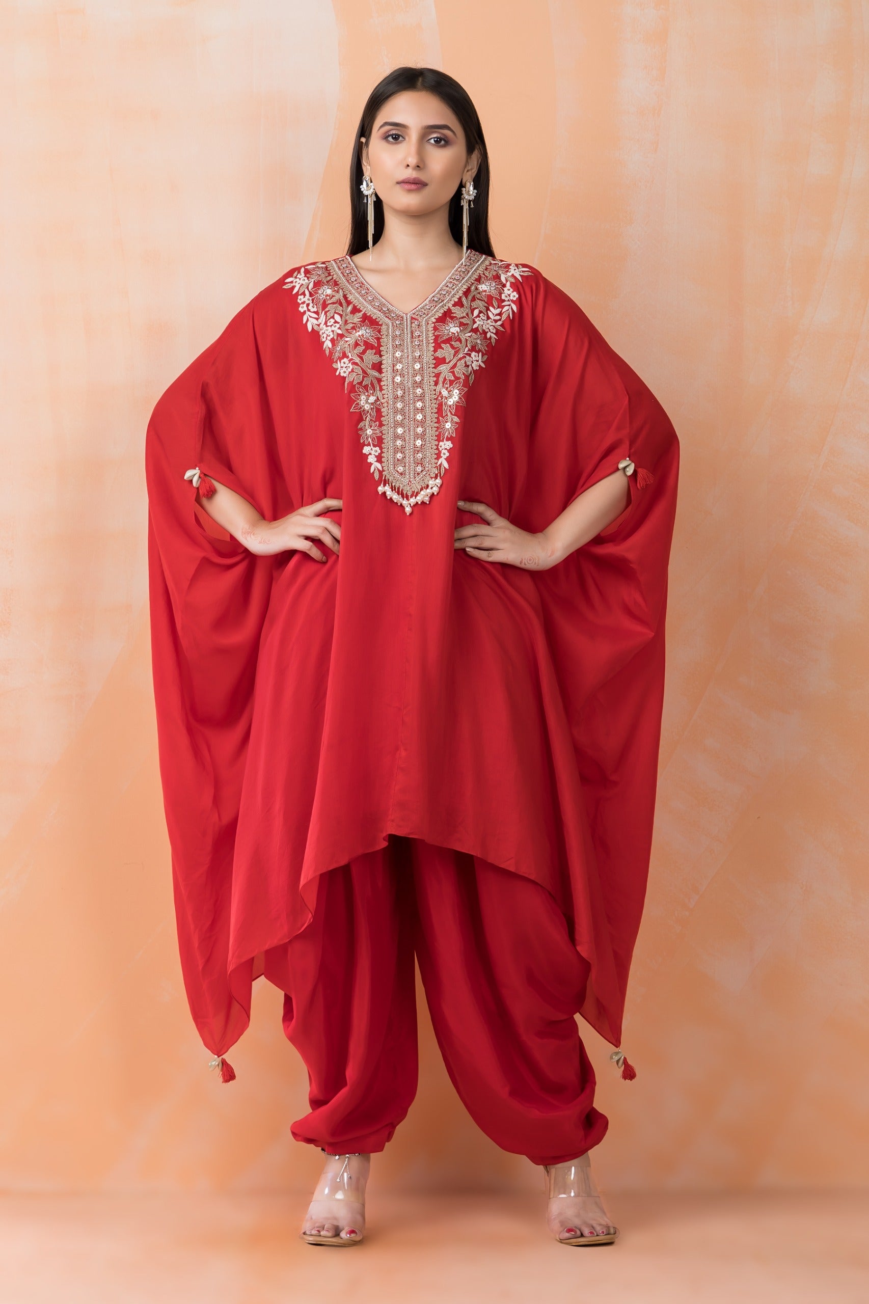 Red Hand Embroidered Muslin Silk Kaftan Set