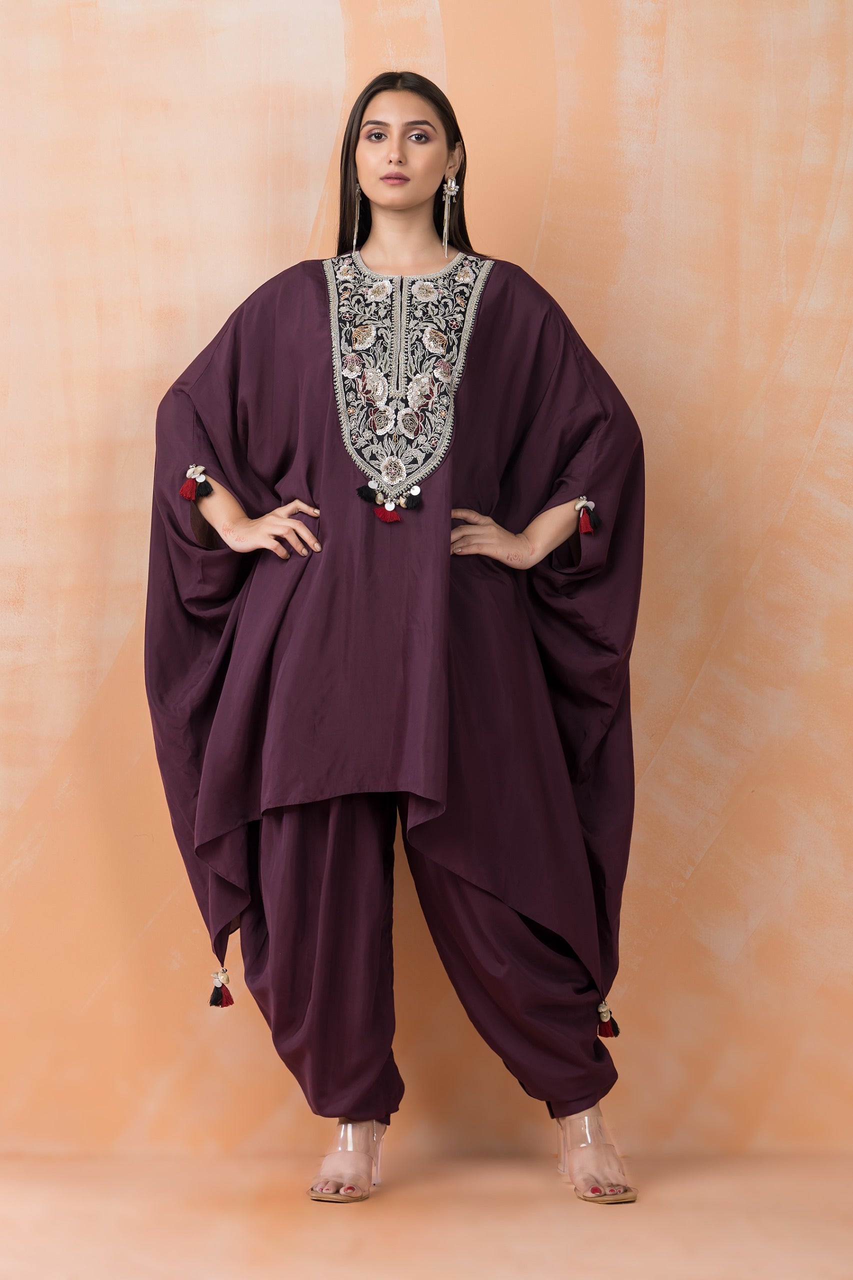 Wine Hand Embroidered Muslin Silk Kaftan Set