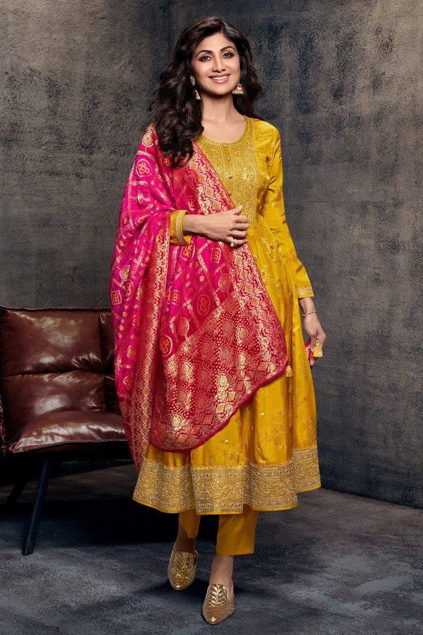 Festive Yellow Embellished Chanderi Silk Anarkali Set