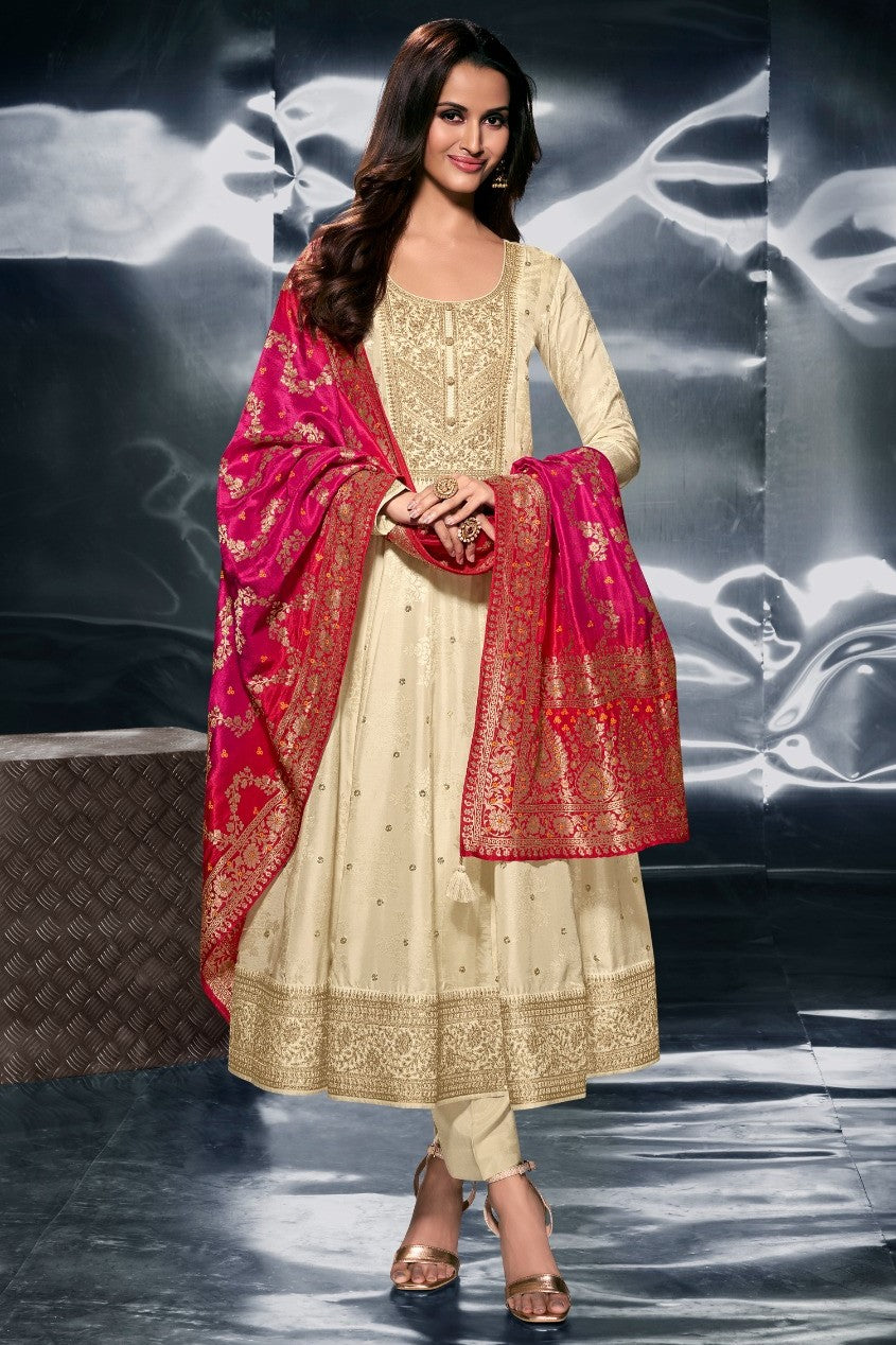 Pale Champagne Embellished Chanderi Silk Anarkali Set