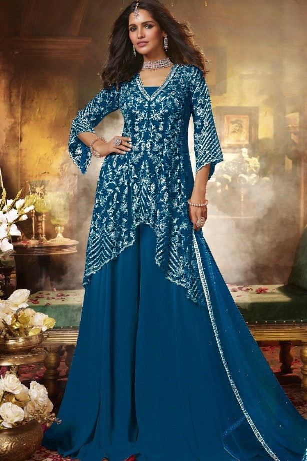 Blue Embellished Swiss Georgette Silk Palazzo Set