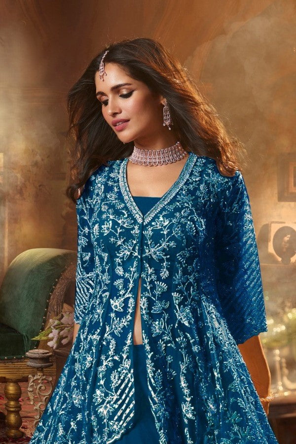 Blue Embellished Swiss Georgette Silk Palazzo Set