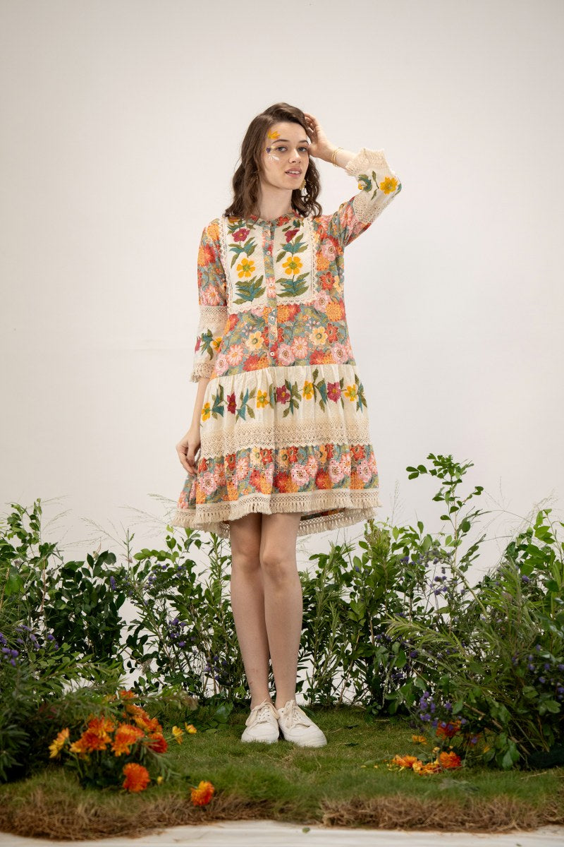 Pastel Beige Floral Printed Organic Cotton Dress