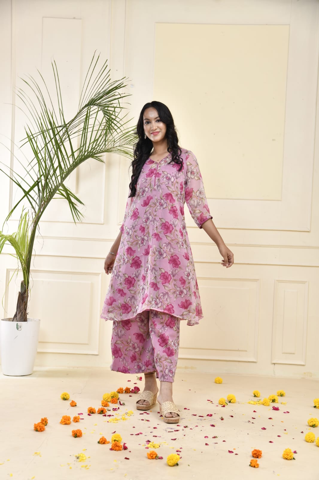 Pink Floral Printed Premium Silk Kurta Pant Set