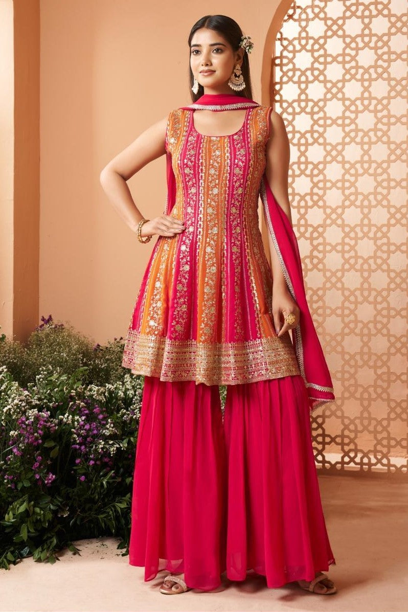 Pink Embellished Georgette Silk Sharara Set