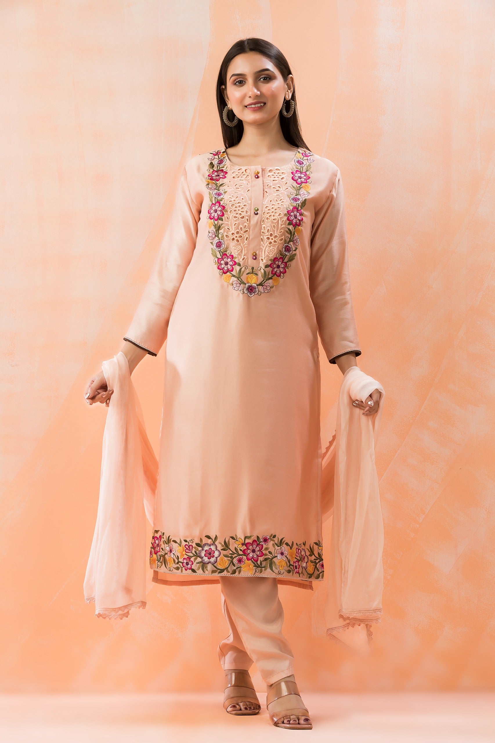 Peach Embroidered Pure Silk Pants Set