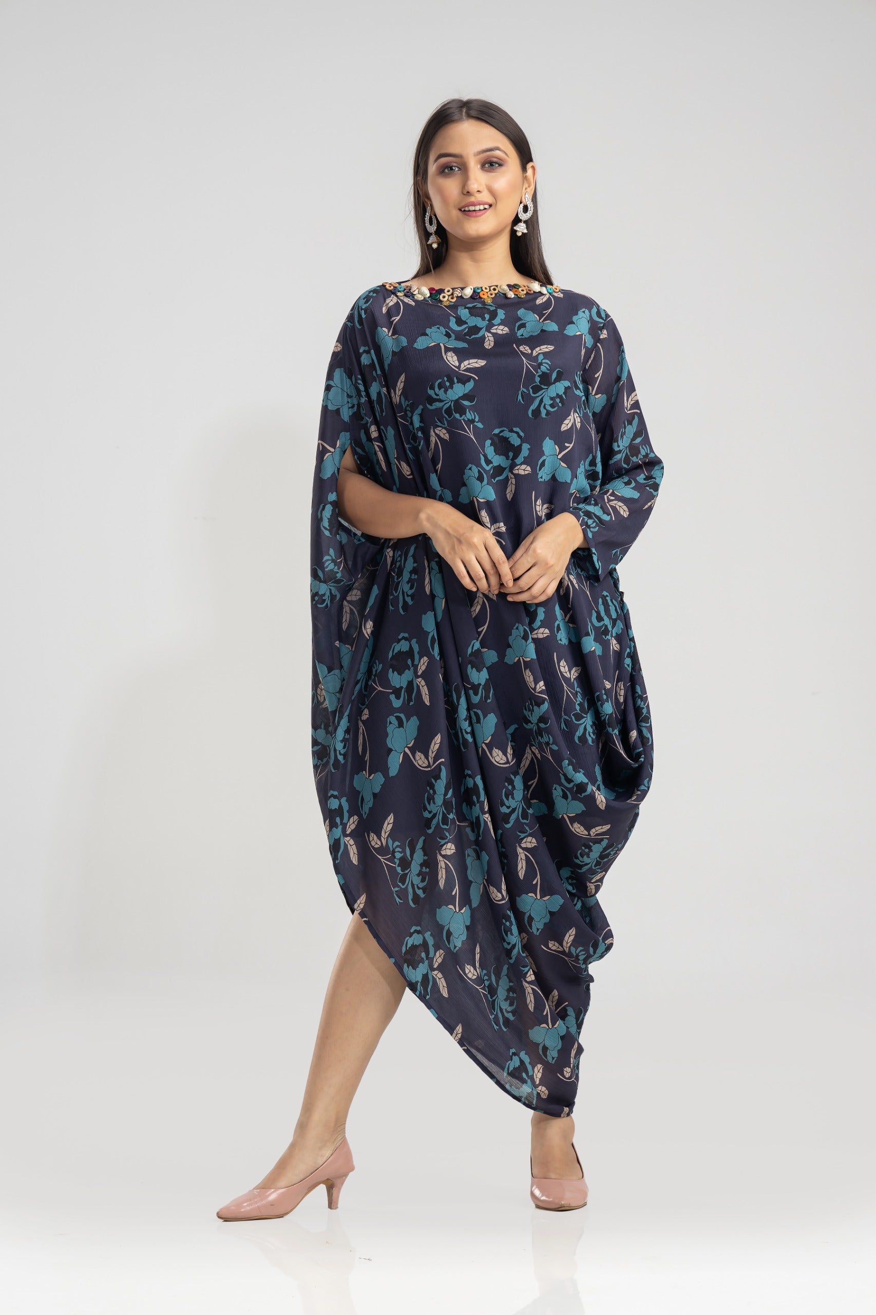 Blue Printed Chinon Silk Cowl Gown