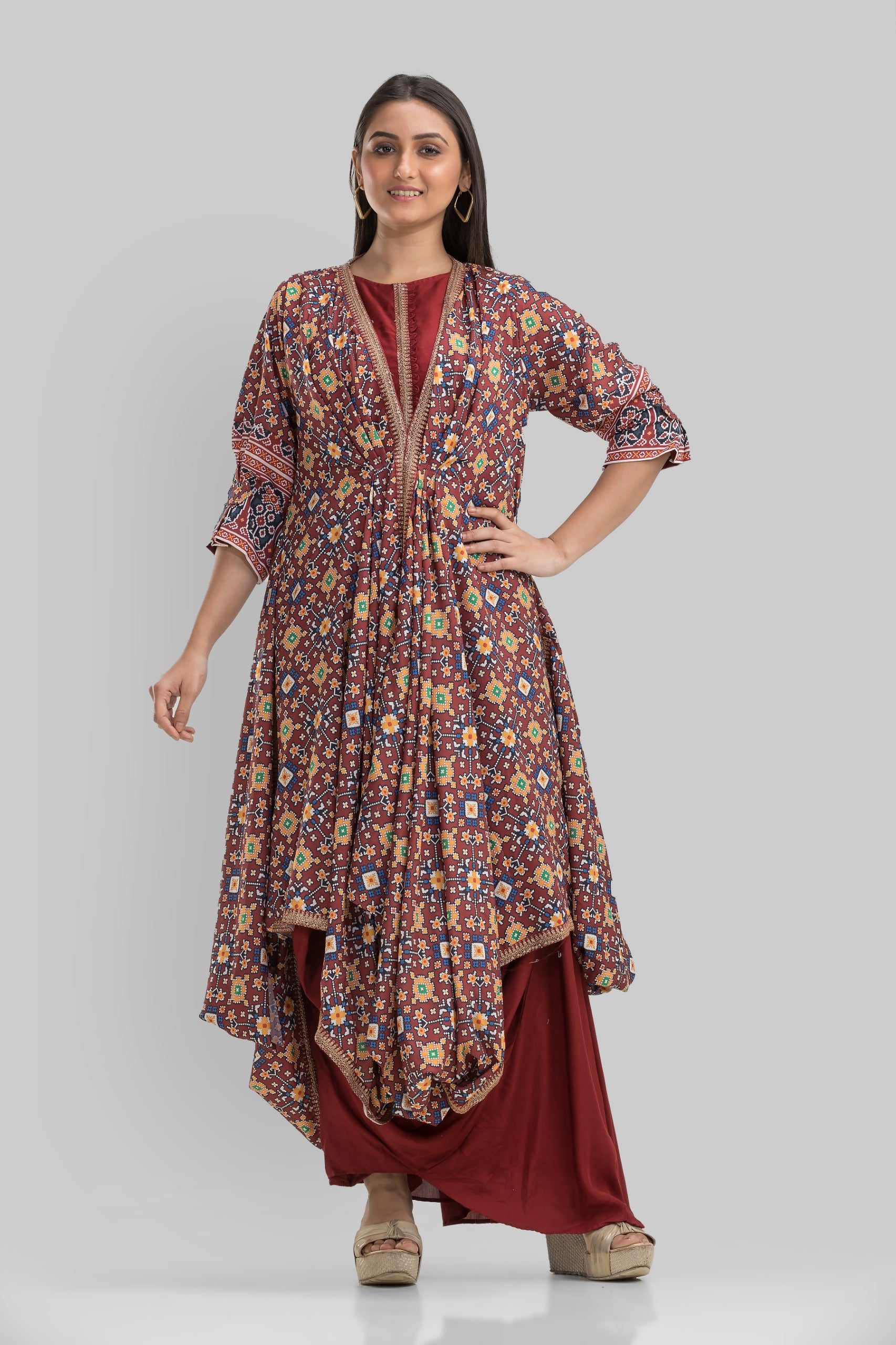 Maroon Digital Printed Pure Silk Cowl Gown