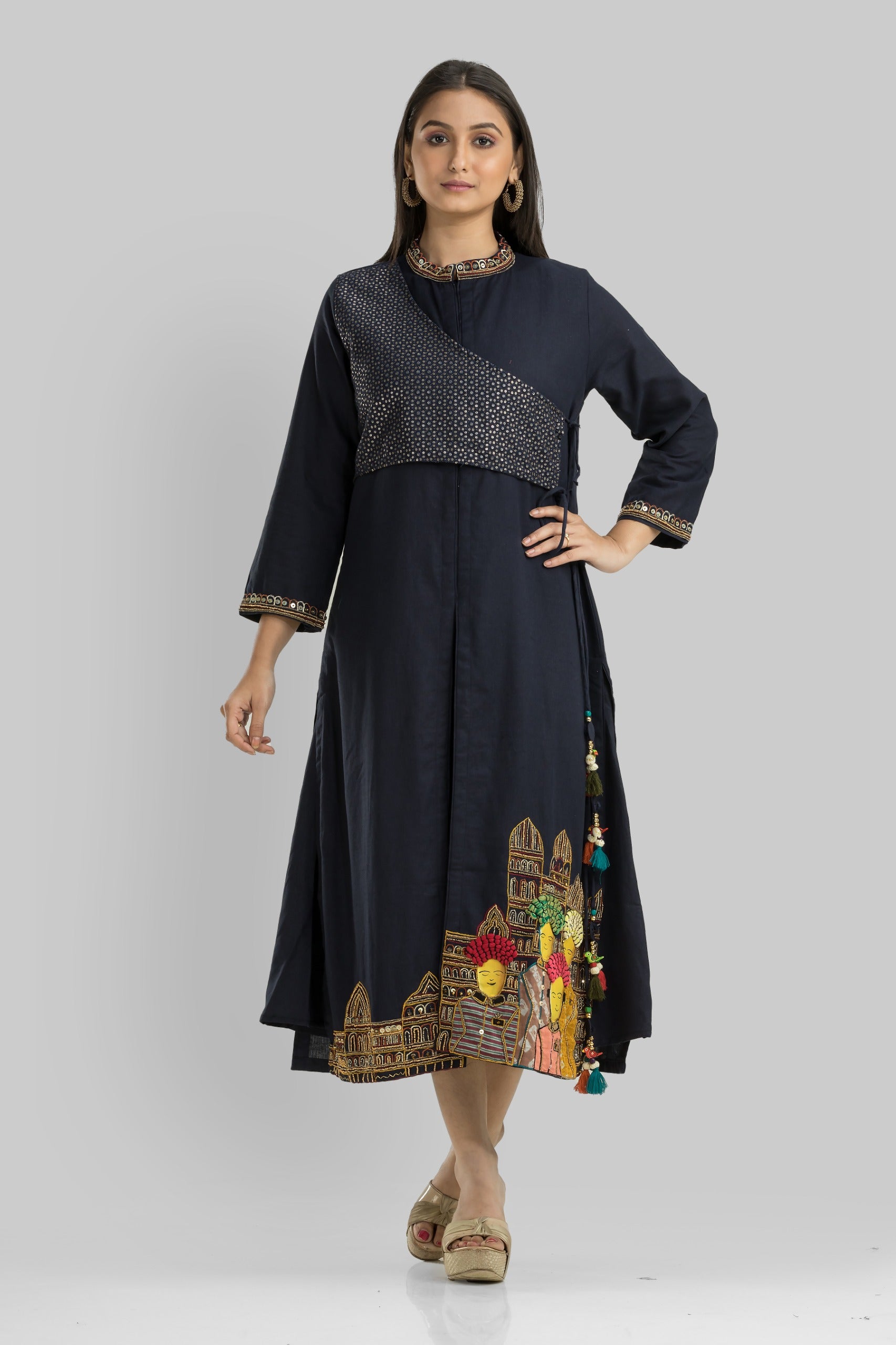 Blue Heritage Embroidered Cotton Silk Dress