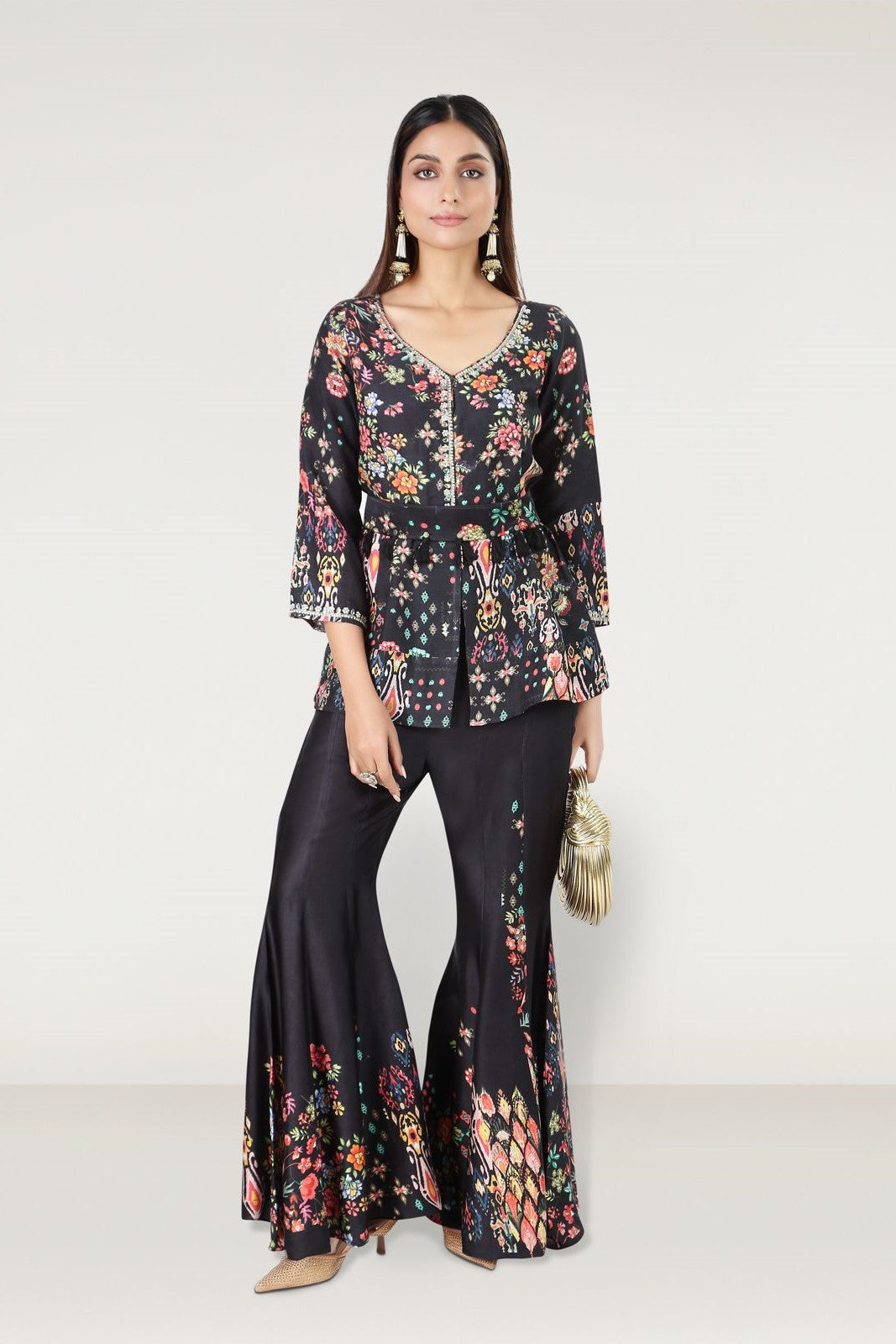 Black Floral Printed Premium Silk Palazzo Set