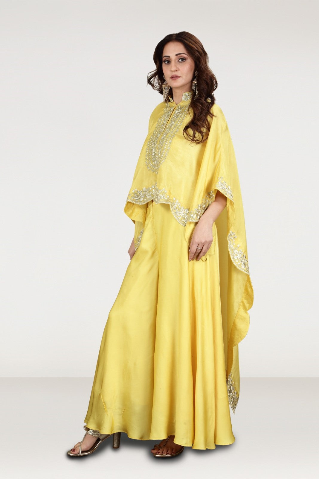 Sunshine Yellow Embellished Satin Silk Kaftan Set