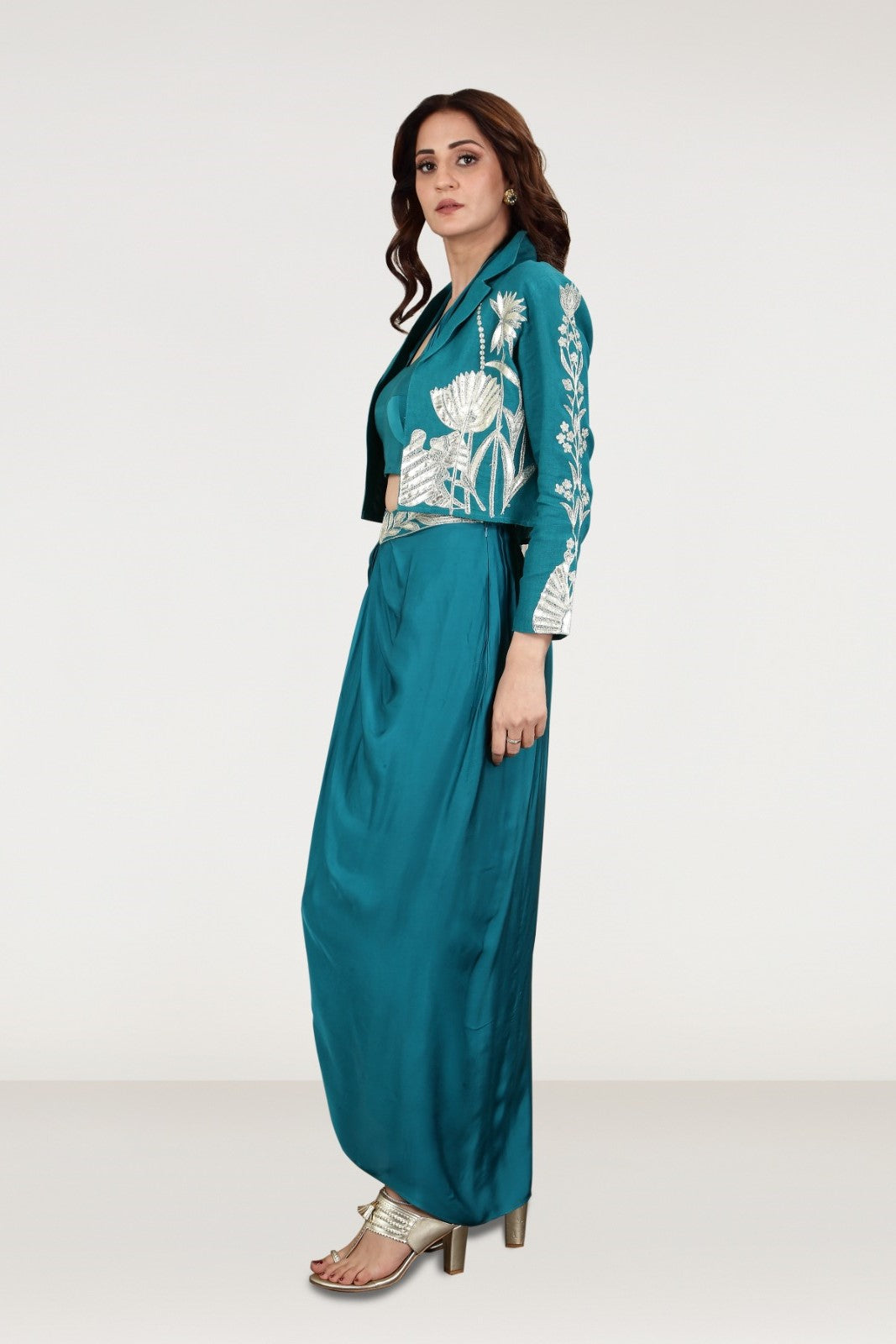 Teal Embellished Satin Silk Draped Skirt Set