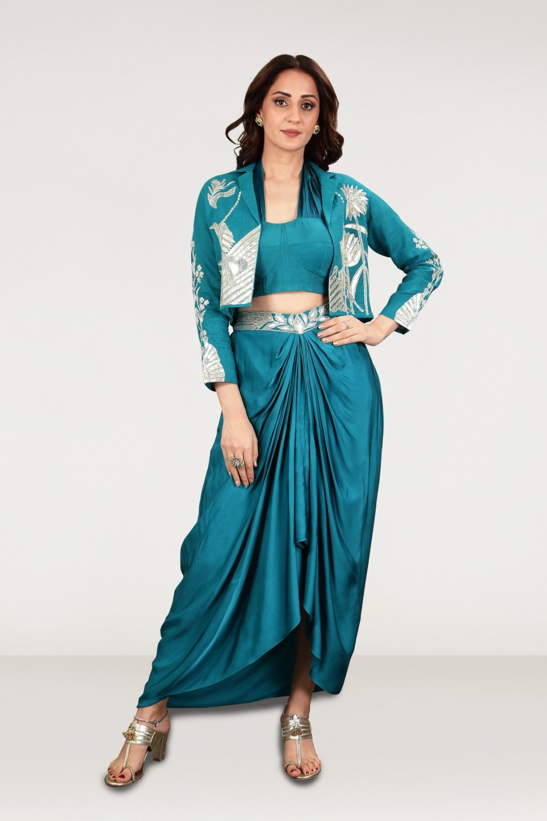 Teal Embellished Satin Silk Draped Skirt Set