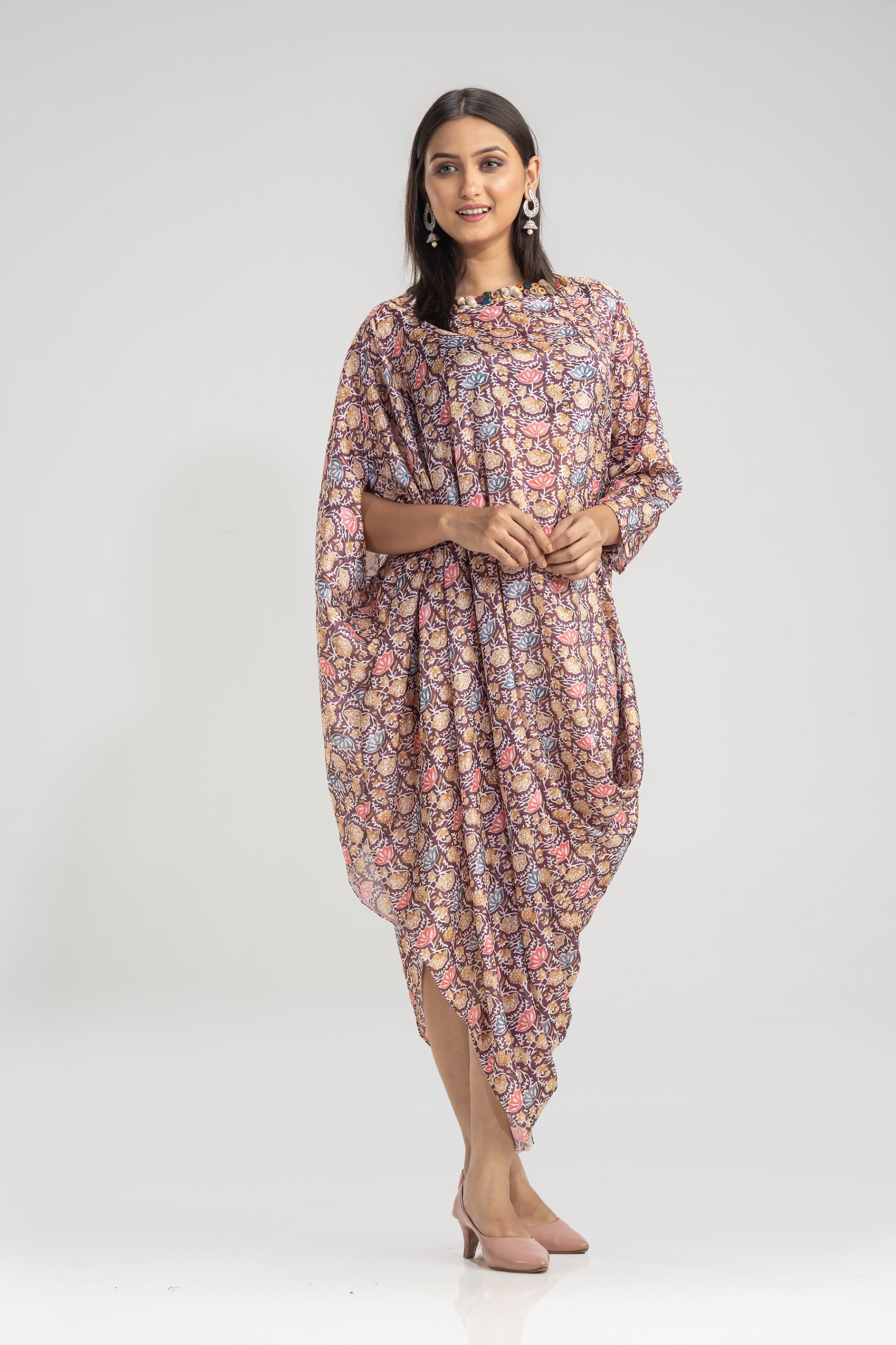 Multicolour Printed Chinon Silk Cowl Gown