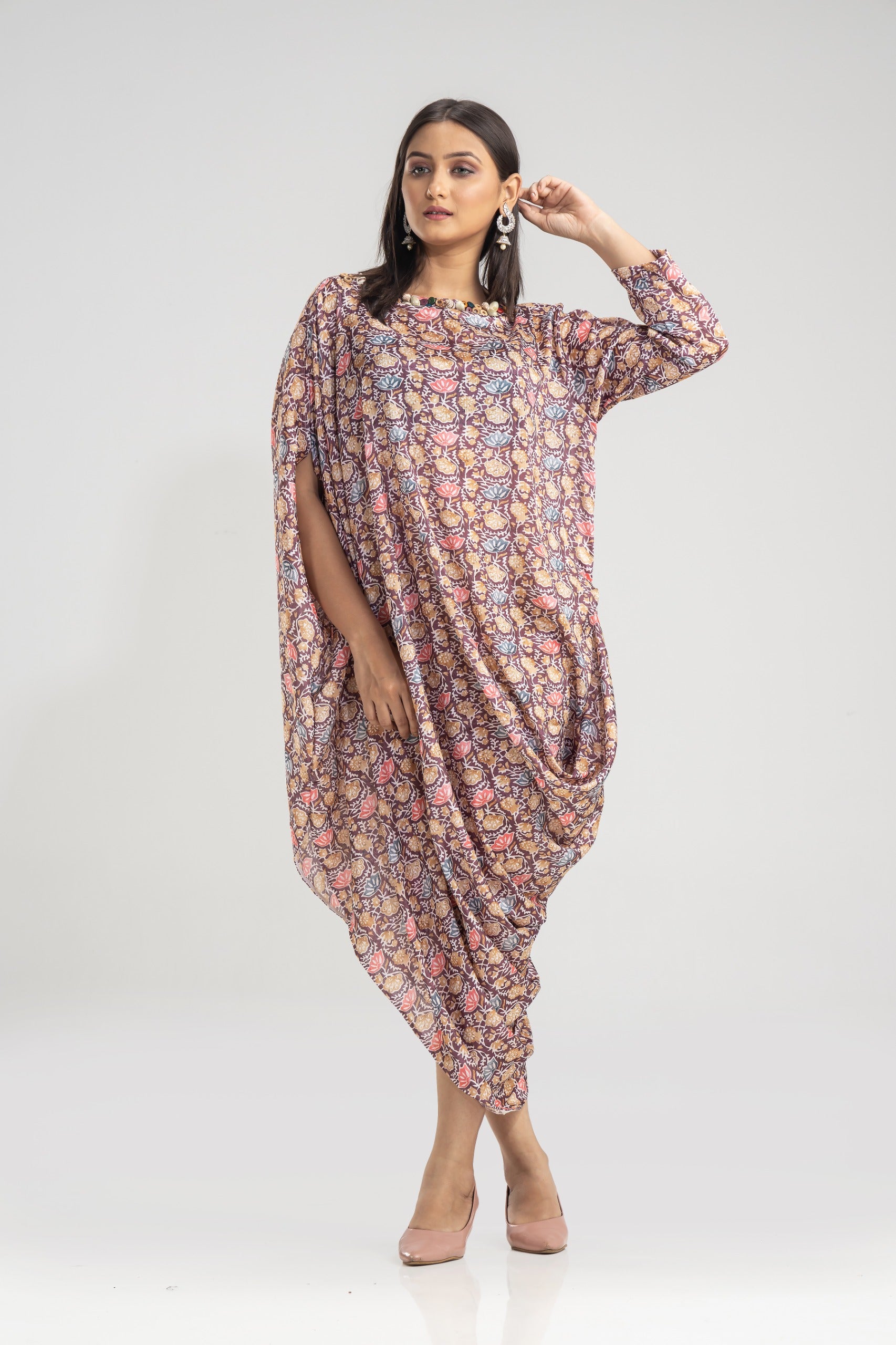 Multicolour Printed Chinon Silk Cowl Gown