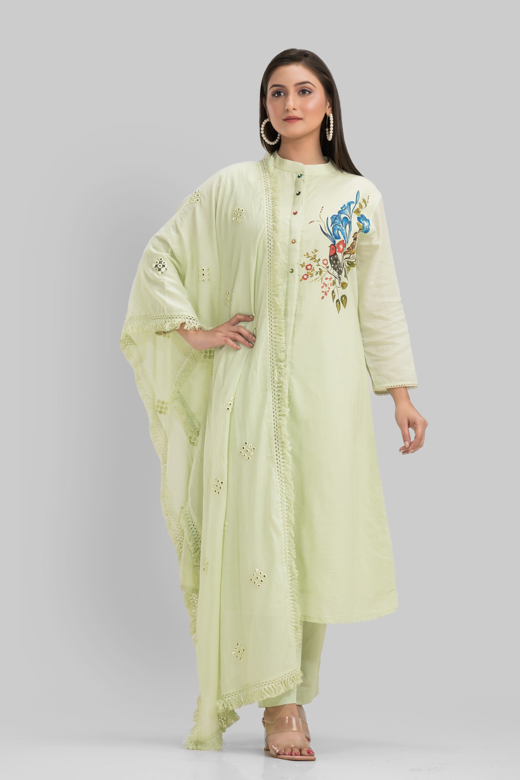 Mint Green Hand Painted Organic Cotton Kurta Pants Set