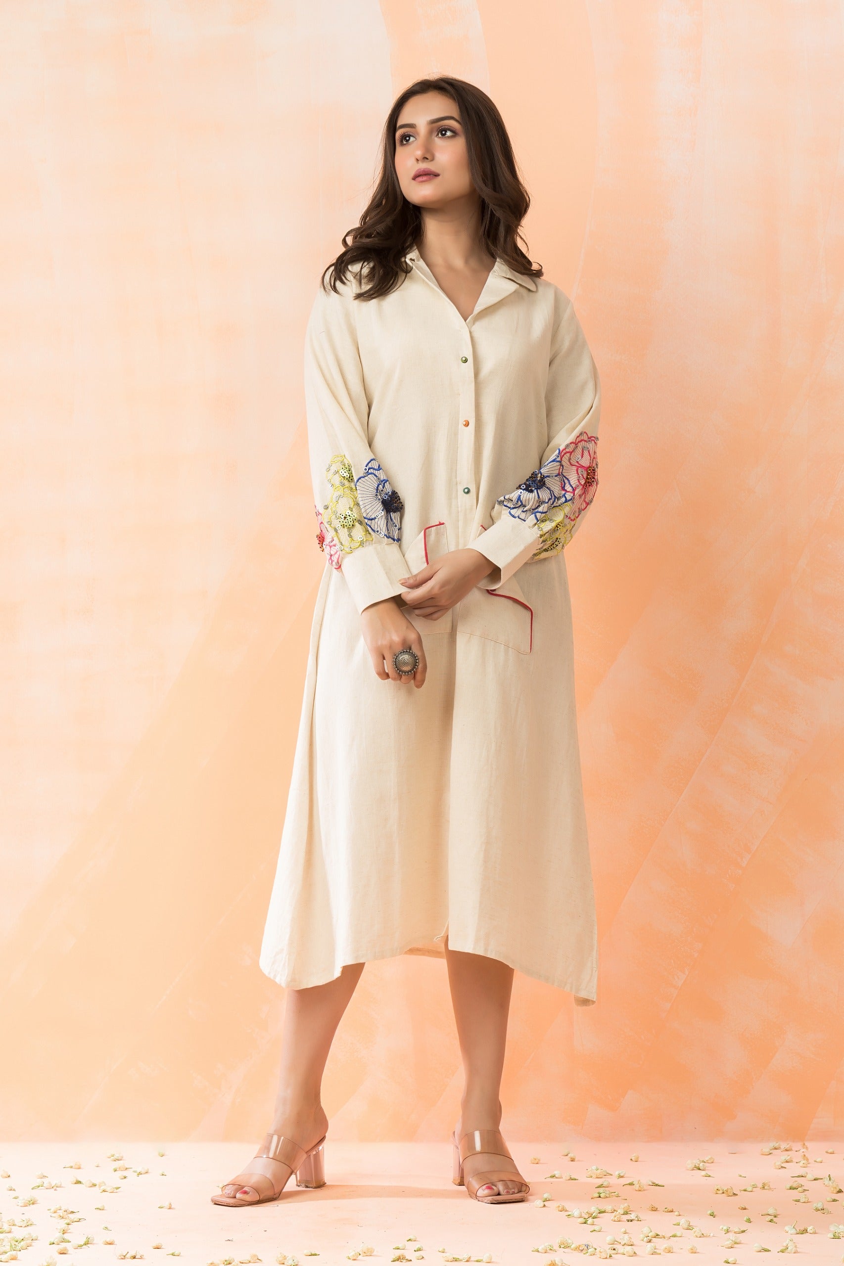 Off White Hand Embroidered Organic Cotton Tunic Dress