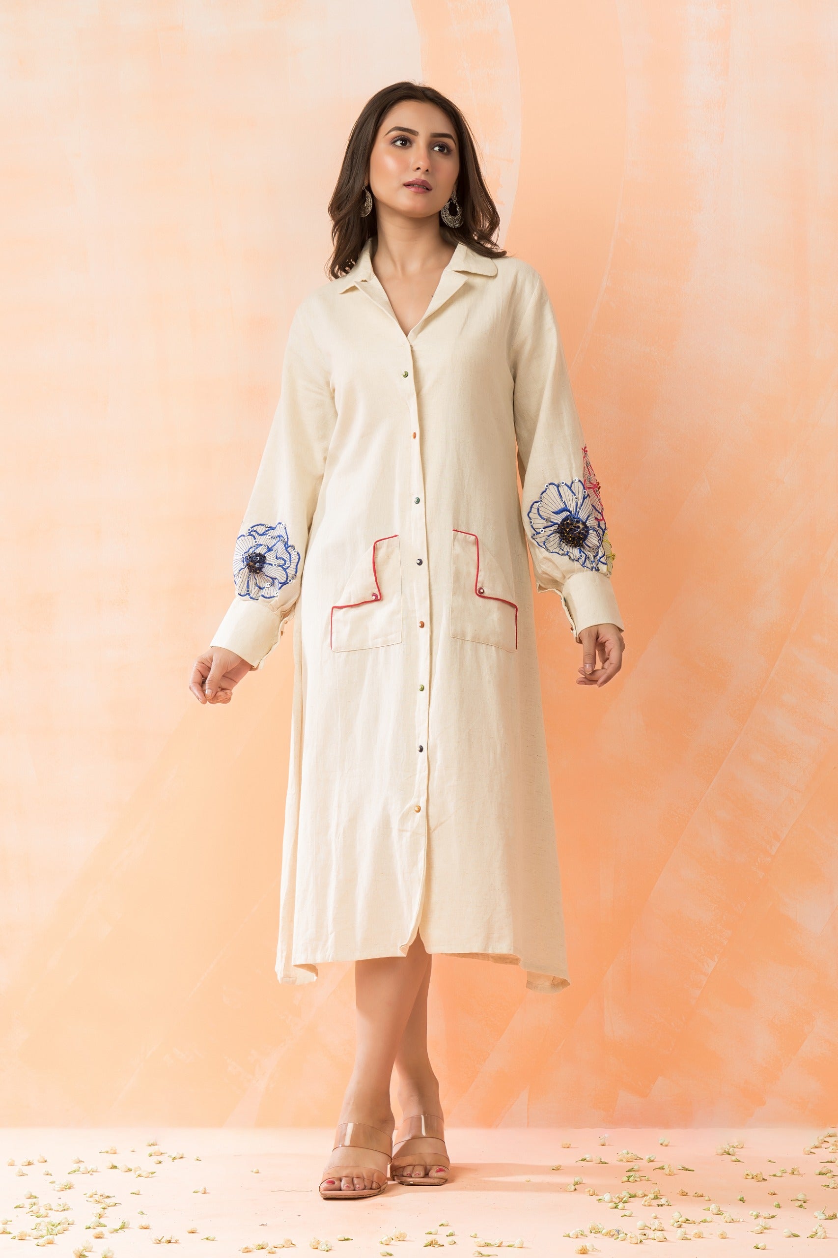 Off White Hand Embroidered Organic Cotton Tunic Dress