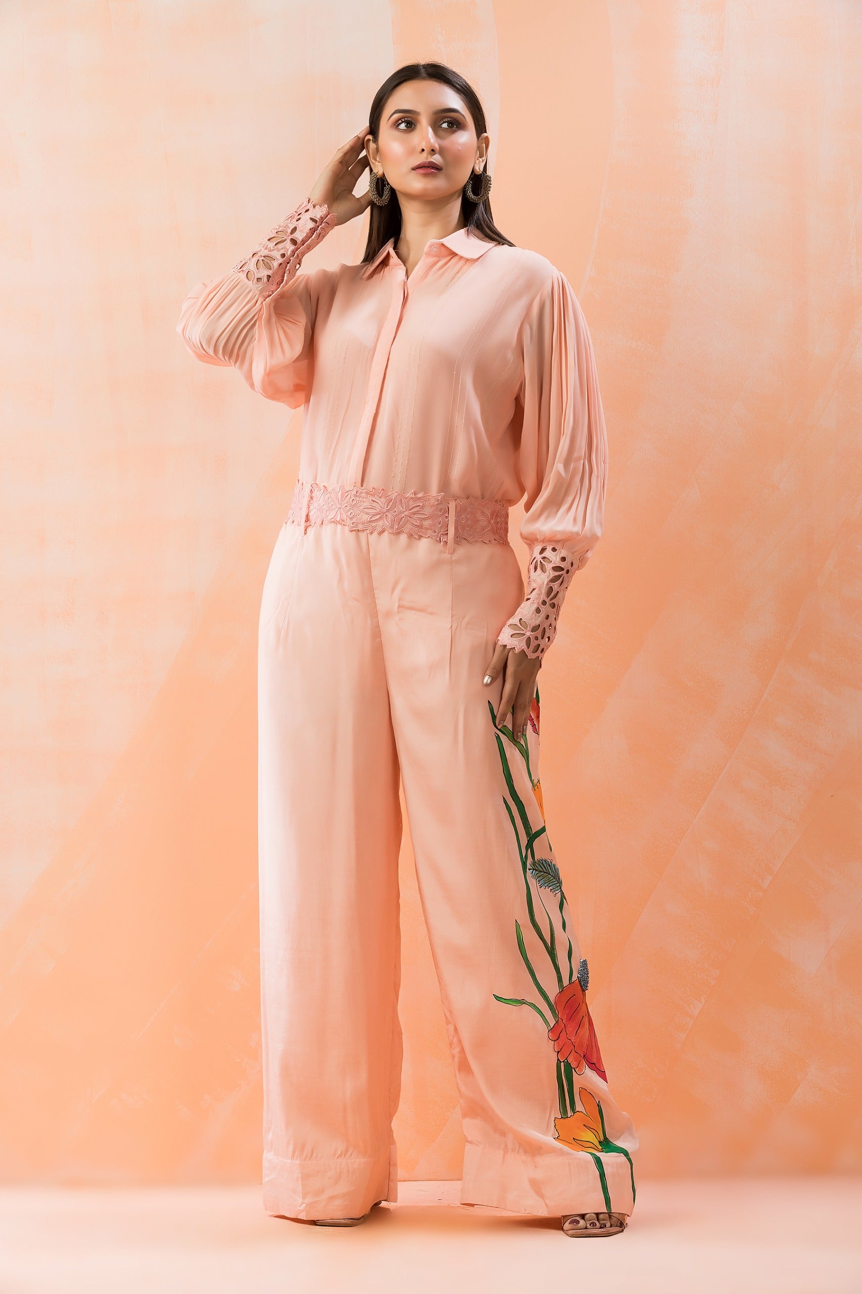 Peach Floral Painted Georgette Silk Co-Ord Set