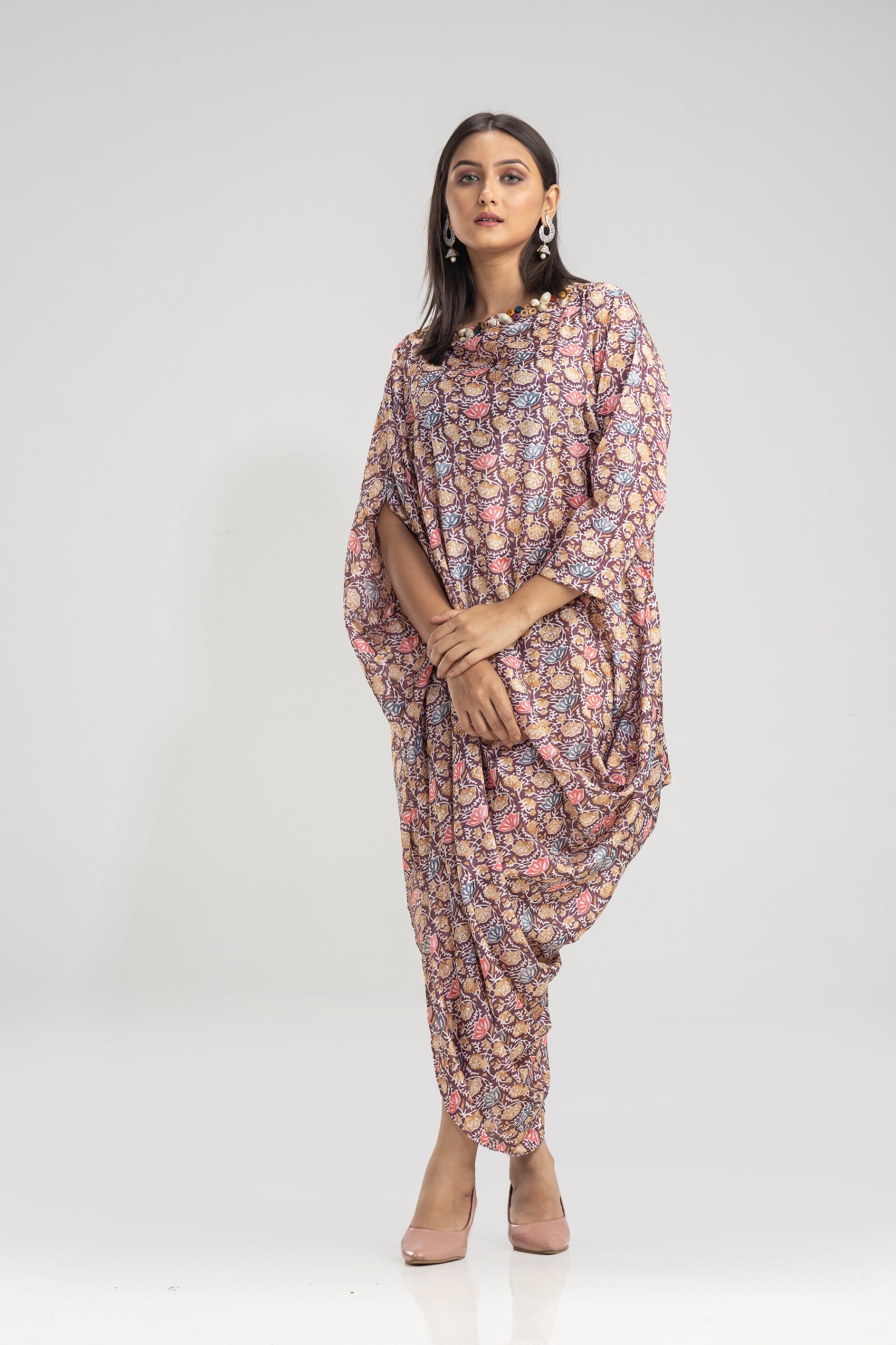 Multicolour Printed Chinon Silk Cowl Gown