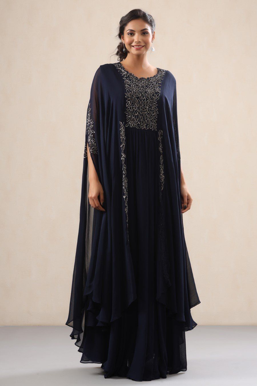 Navy Blue Embellished Crystal Georgette Silk Cape Gown