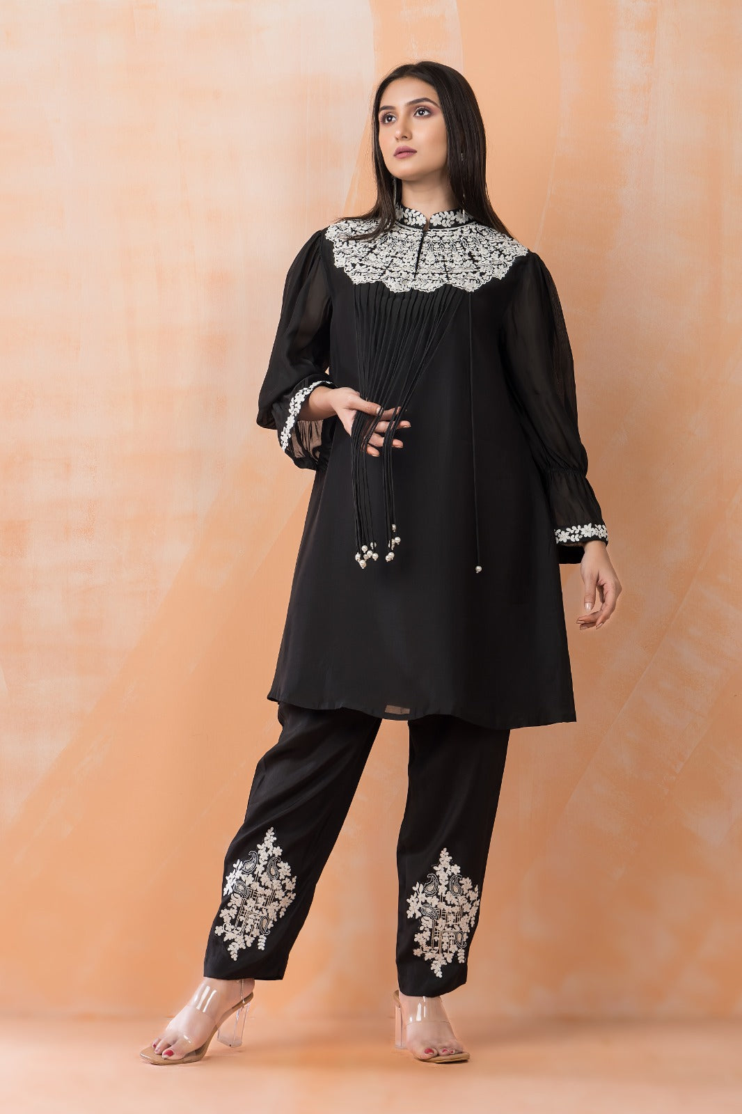 Black Embroidered Muslin Silk Co-Ord Set