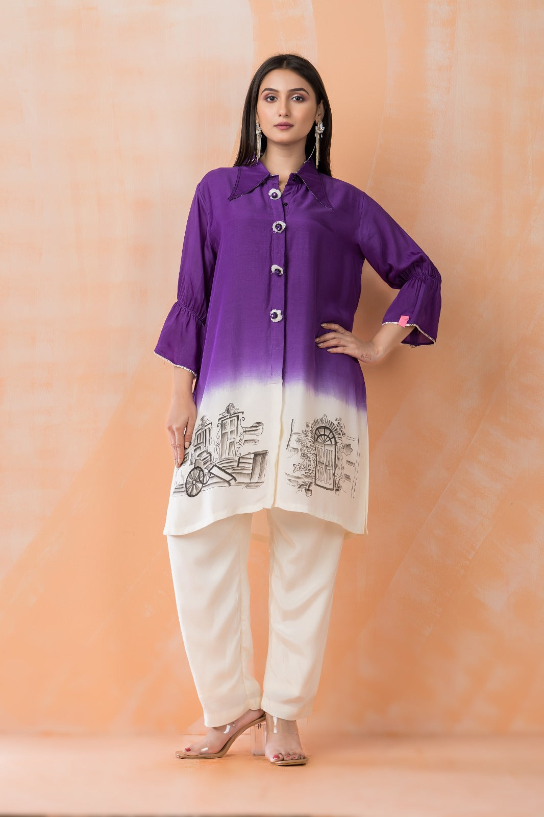 Bright Purple Printed Muslin silk  Co-Ord Set