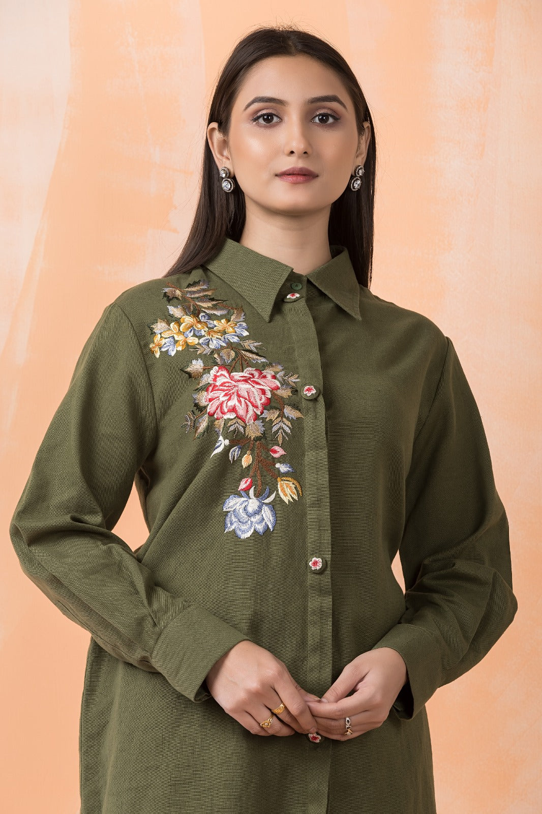 Olive Green Embroidered Rich Cotton Co-Ord Set