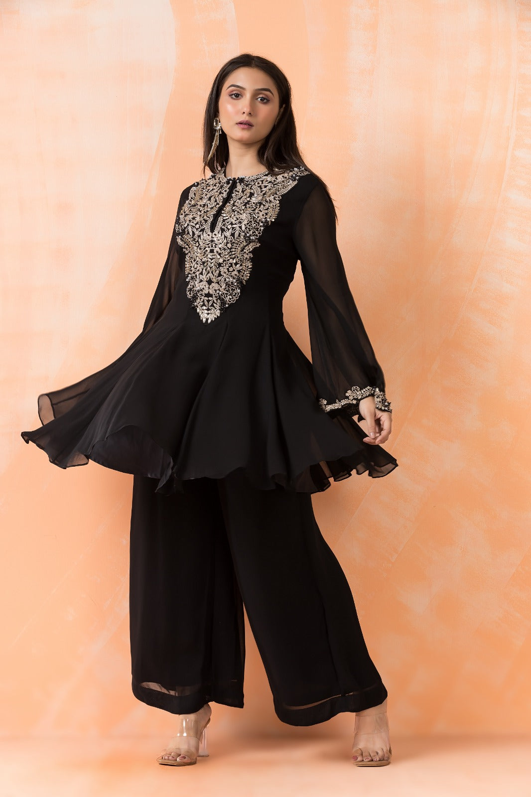 Hot Black Embellished Georgette Silk Co-Ord Set