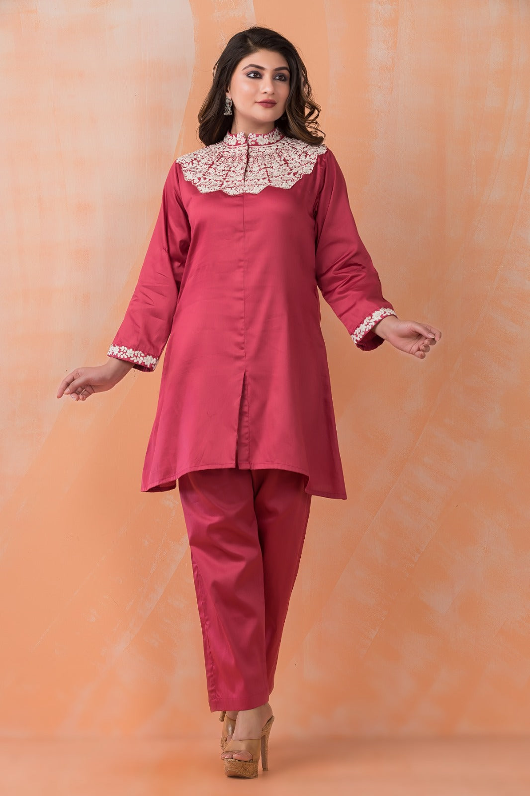 Bright Pink Embroidered Satin Cotton Silk Co-Ord Set