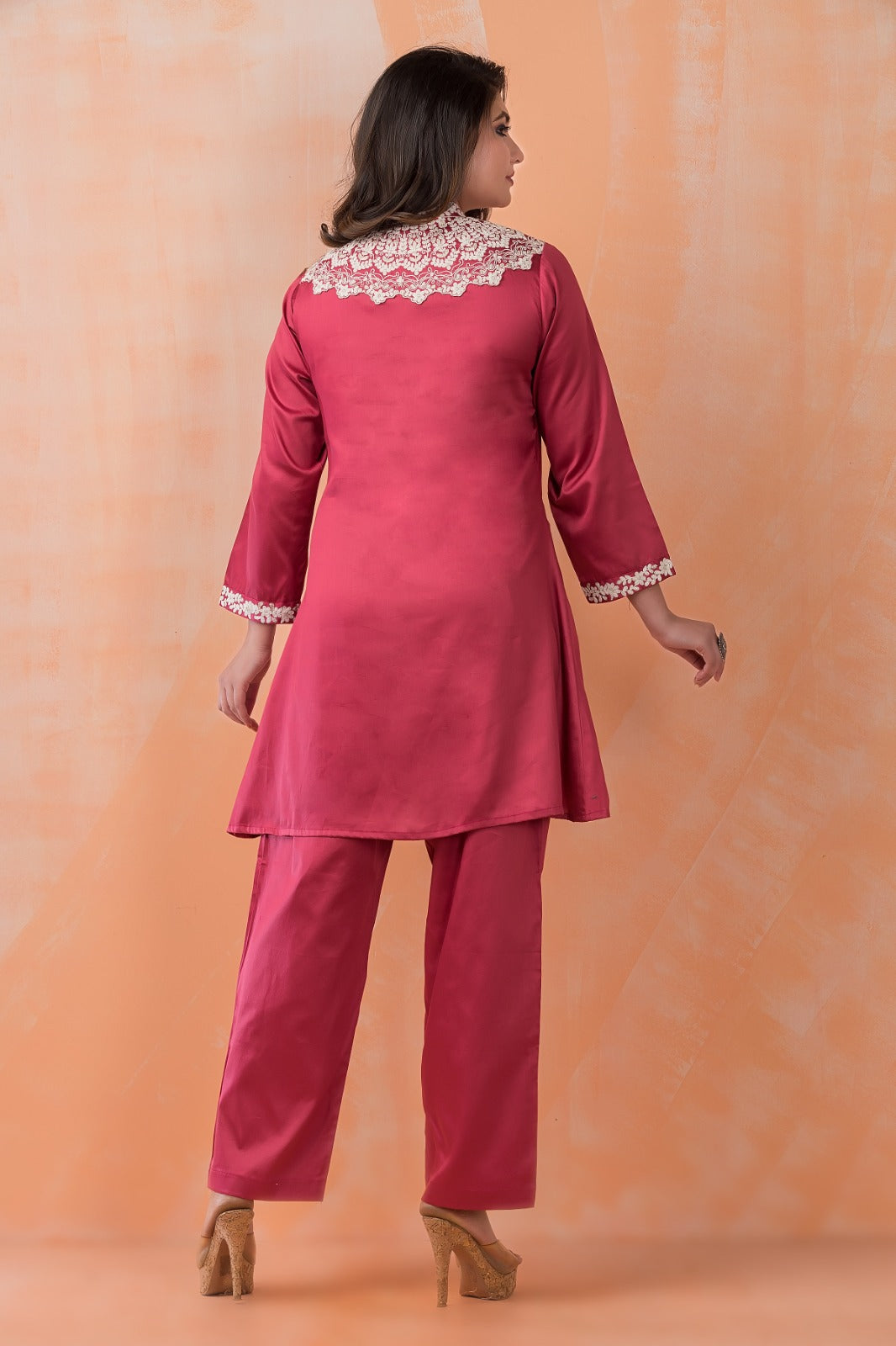 Bright Pink Embroidered Satin Cotton Silk Co-Ord Set