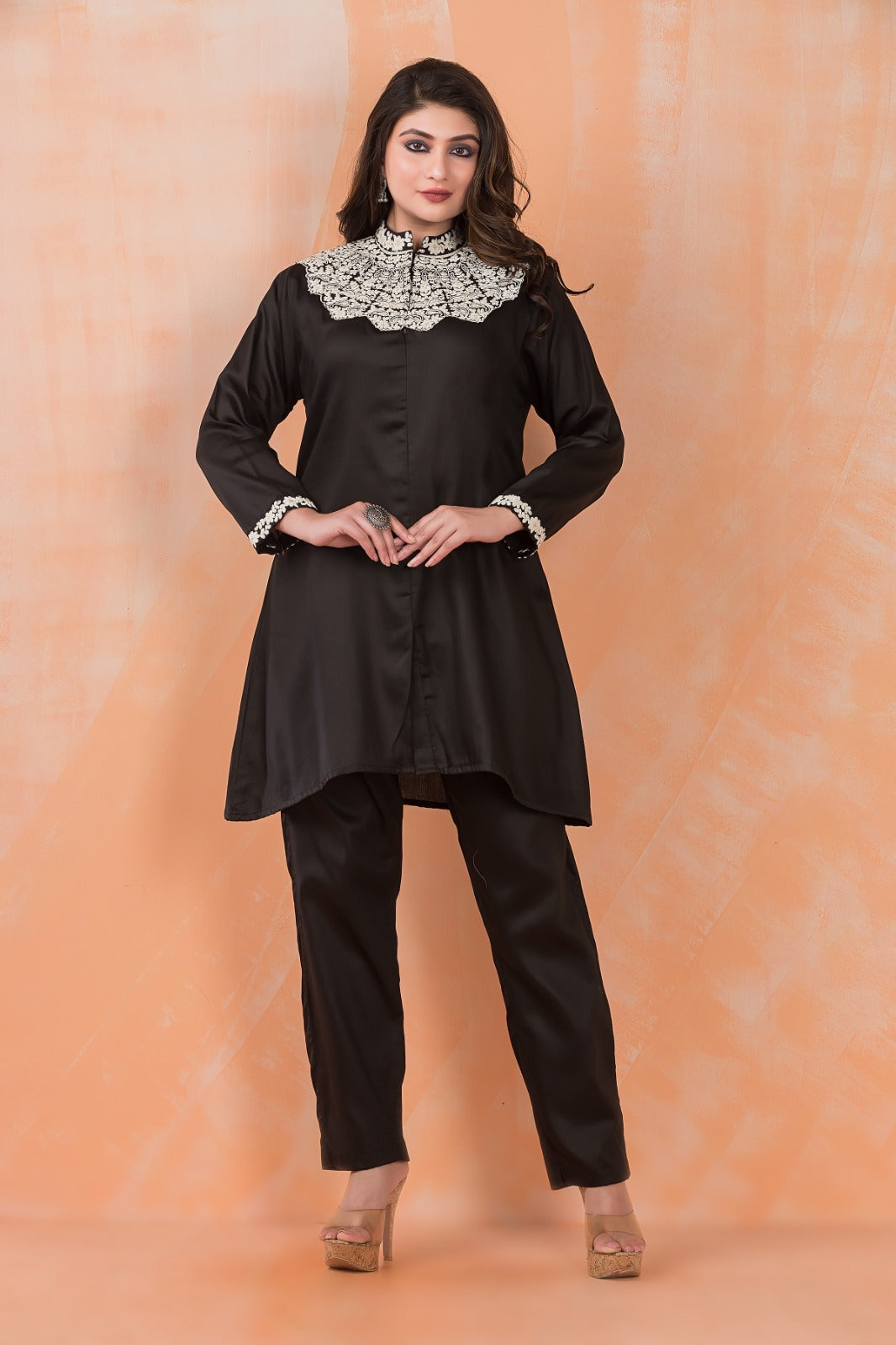 Hot Black Embroidered Satin Cotton Silk Co-Ord Set