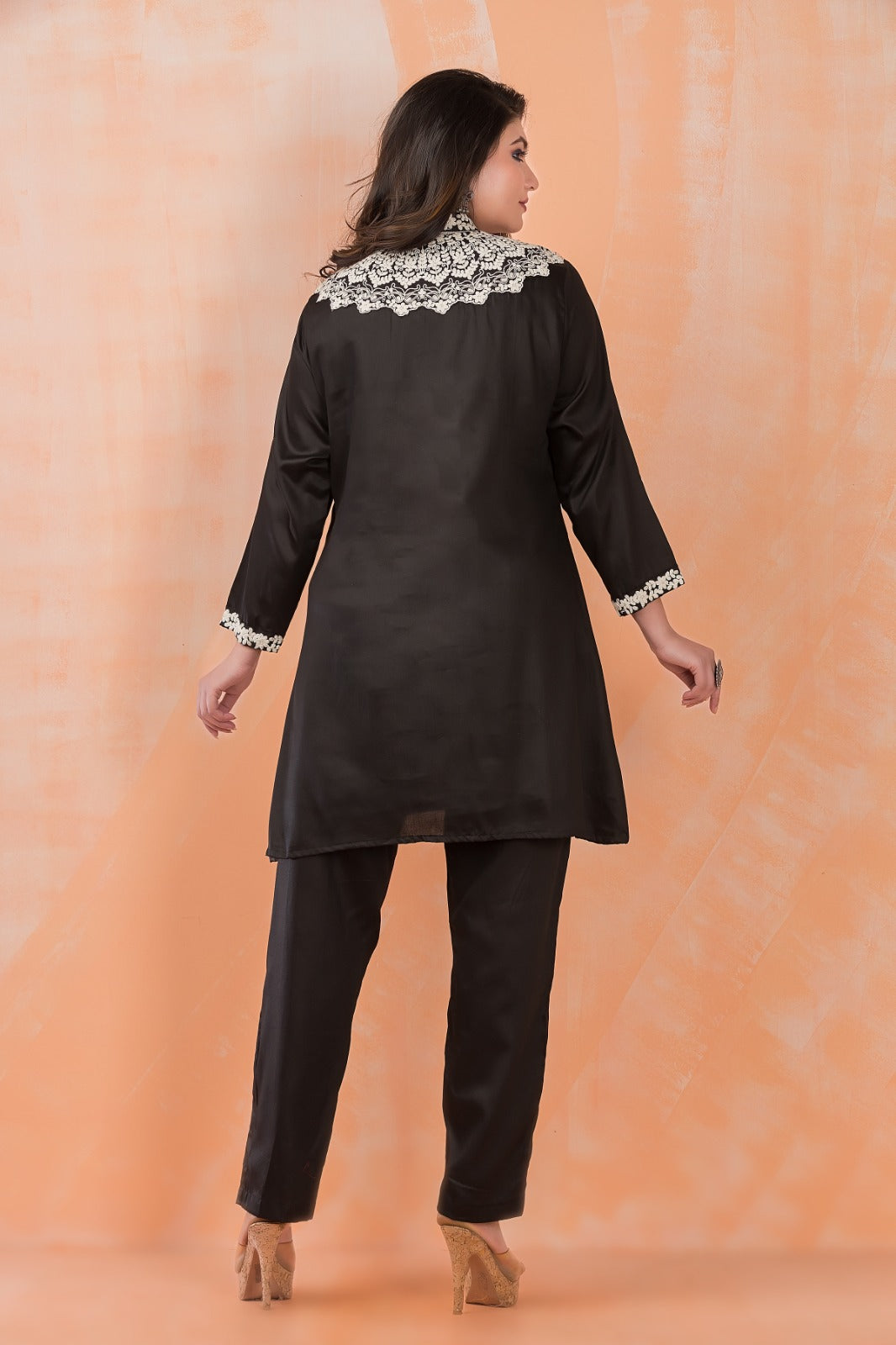 Hot Black Embroidered Satin Cotton Silk Co-Ord Set