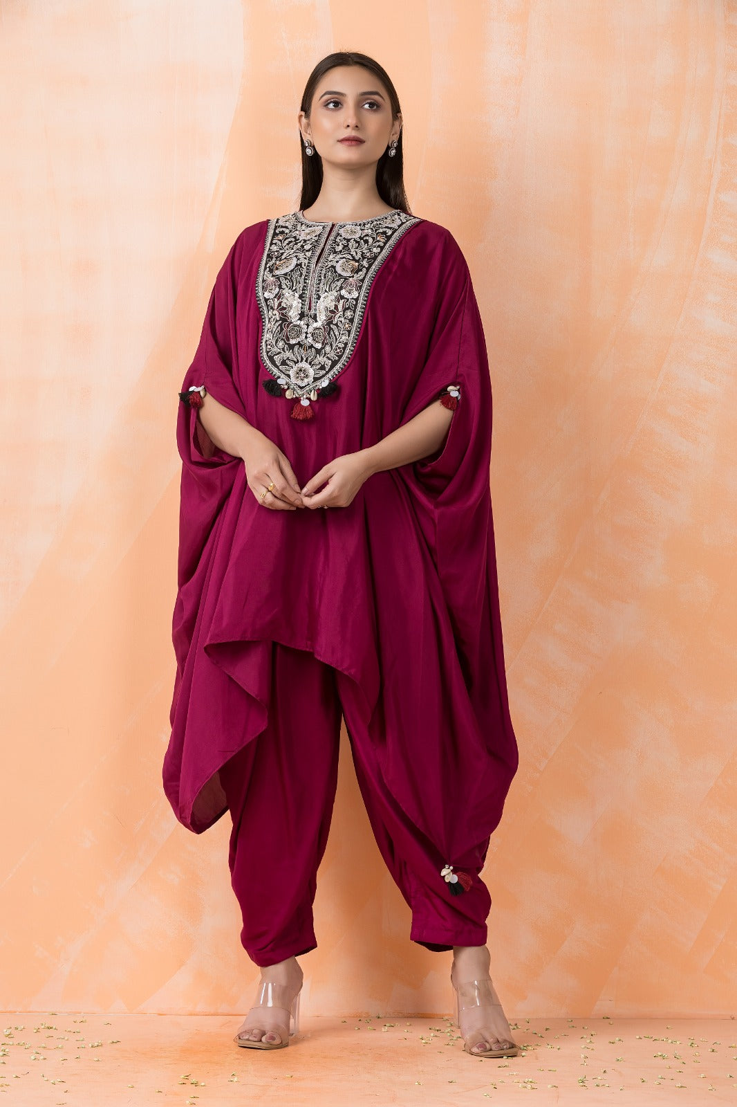 Premium Wine Embellished Muslin Silk Kaftan Set