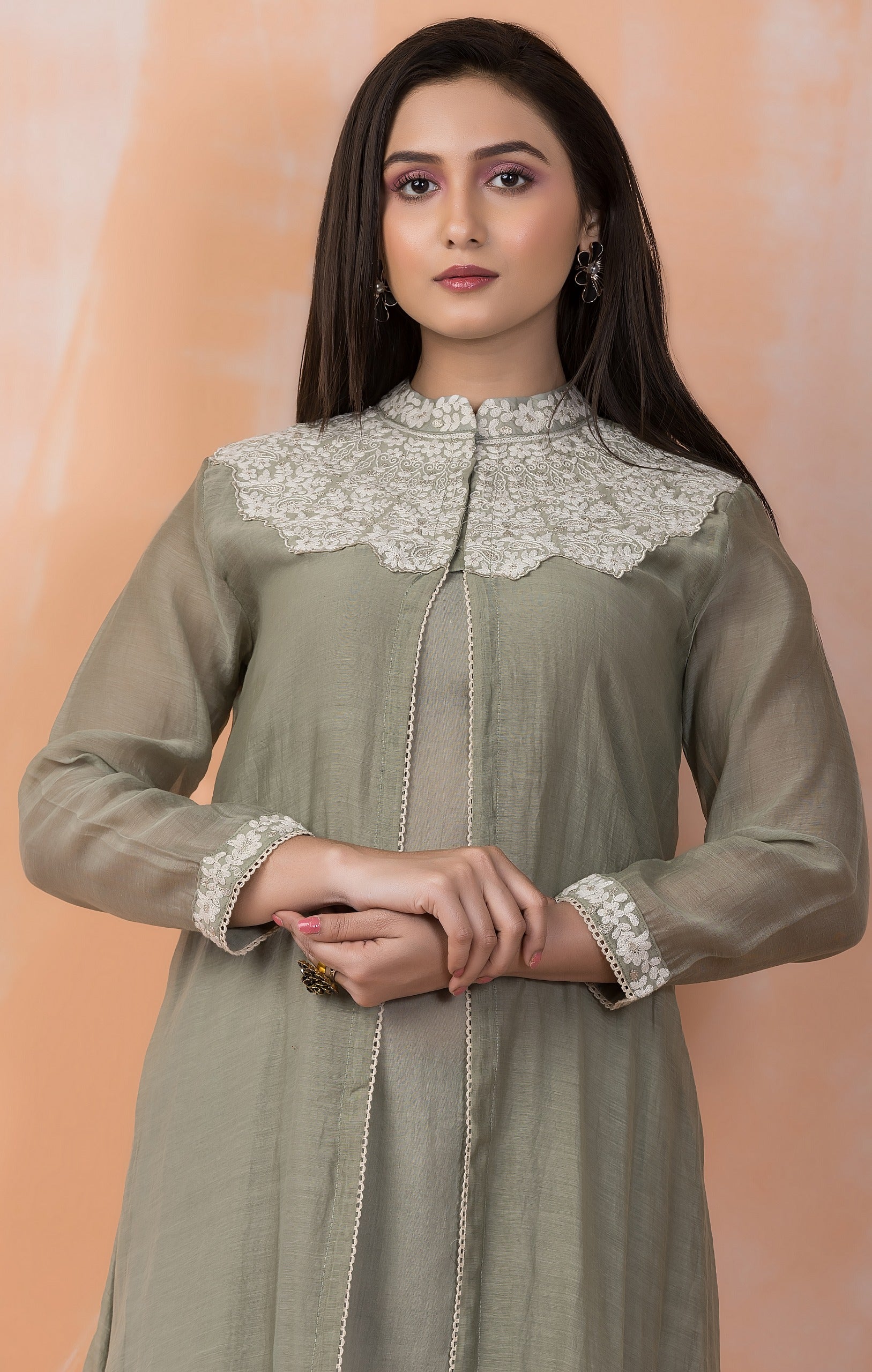 Sage Green Embroidered Mul-Chanderi Silk Kurta Set