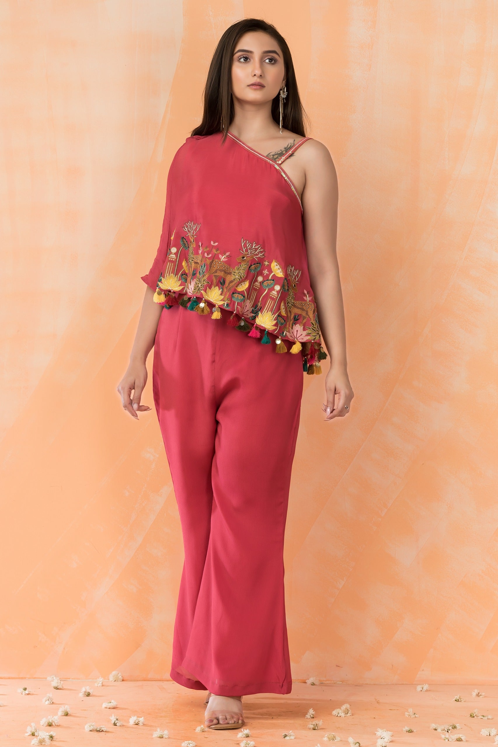 Classic Dark Pink Embroidery Dola Silk Co-Ord Set