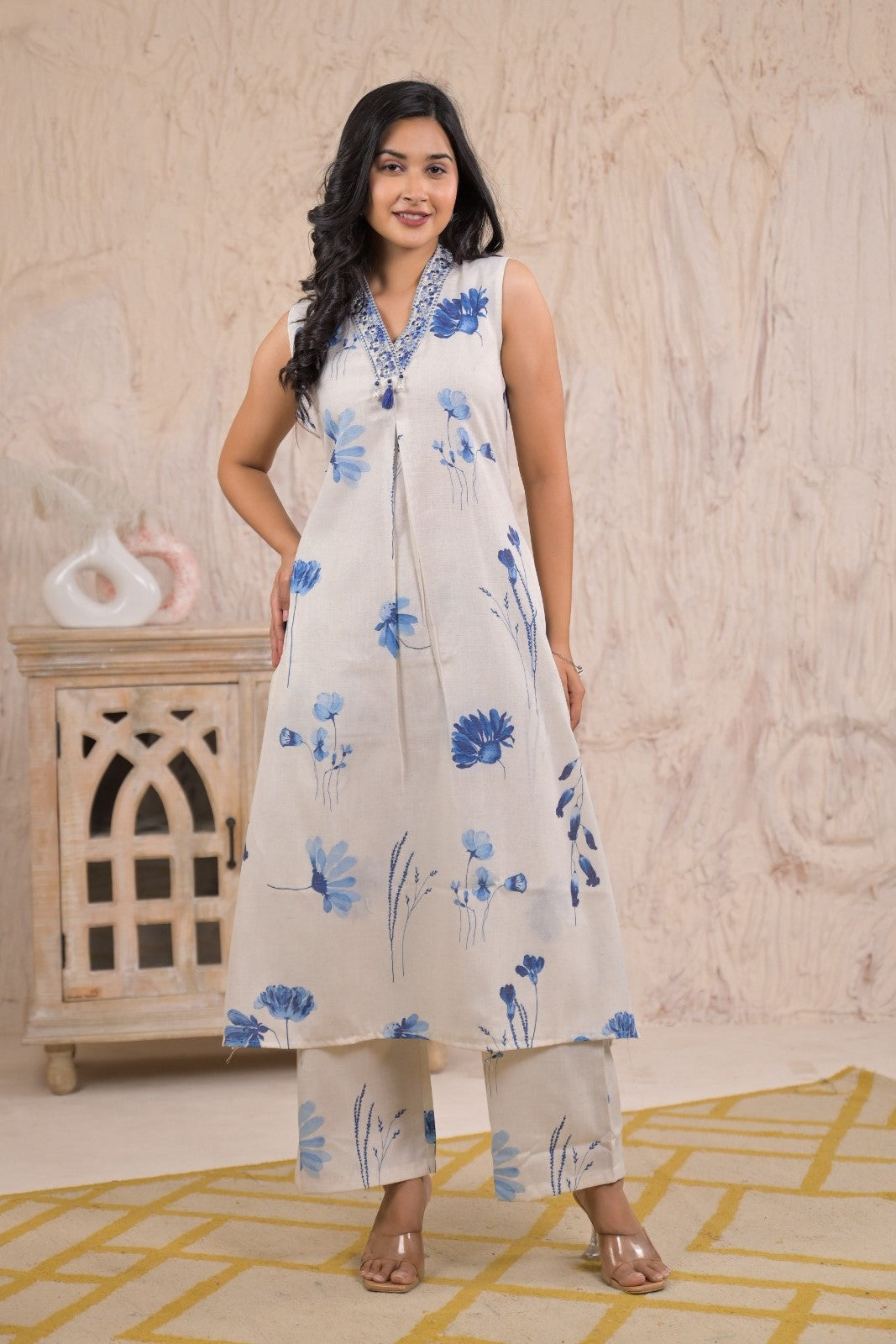 White Linen & Florals Kurta Set