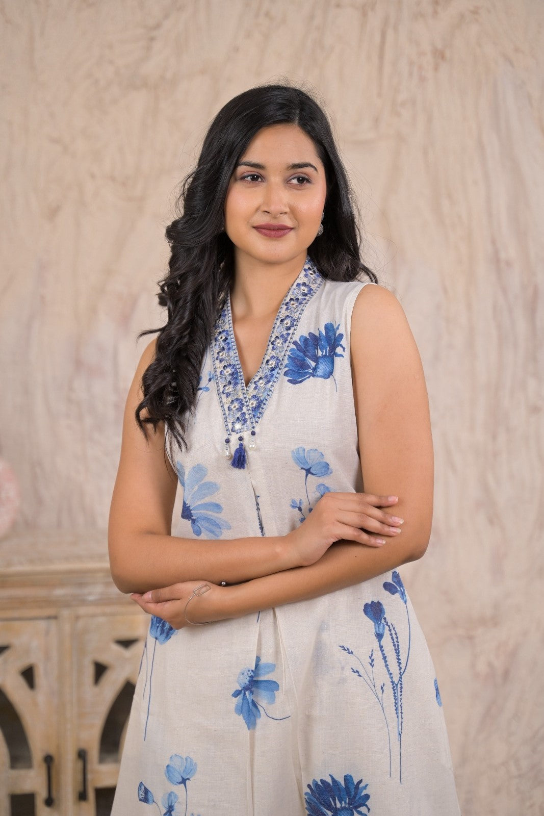 White Linen & Florals Kurta Set