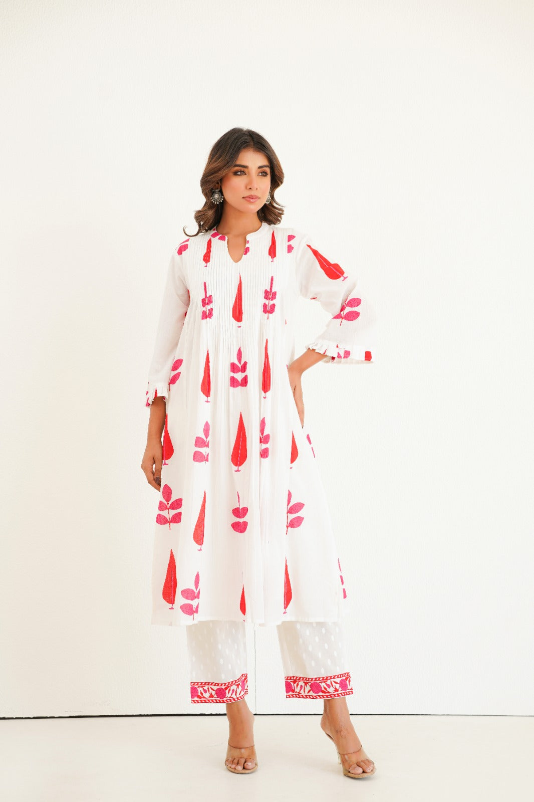 White & Pink Block Printed Kurta Set
