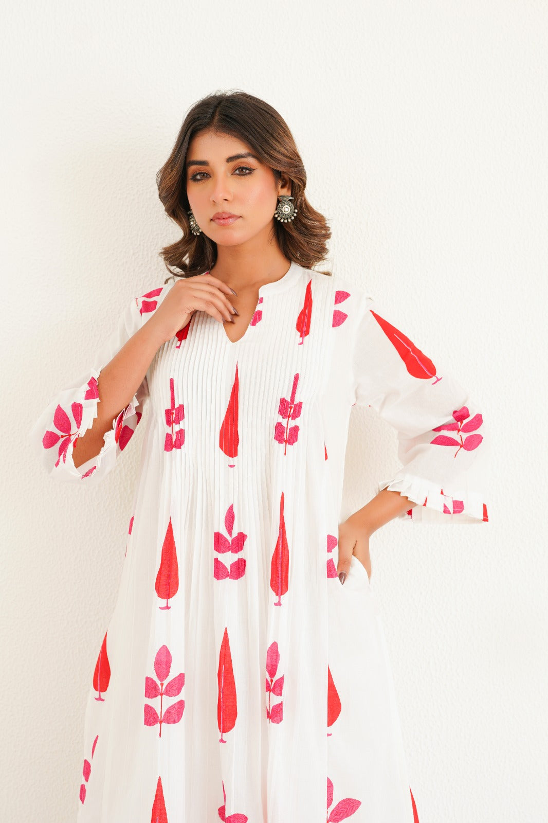 White & Pink Block Printed Kurta Set