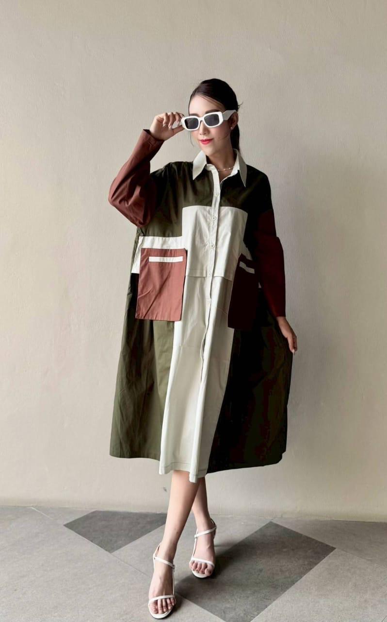 Beige Green Vertical Panel Color Blocking Tunic Dress