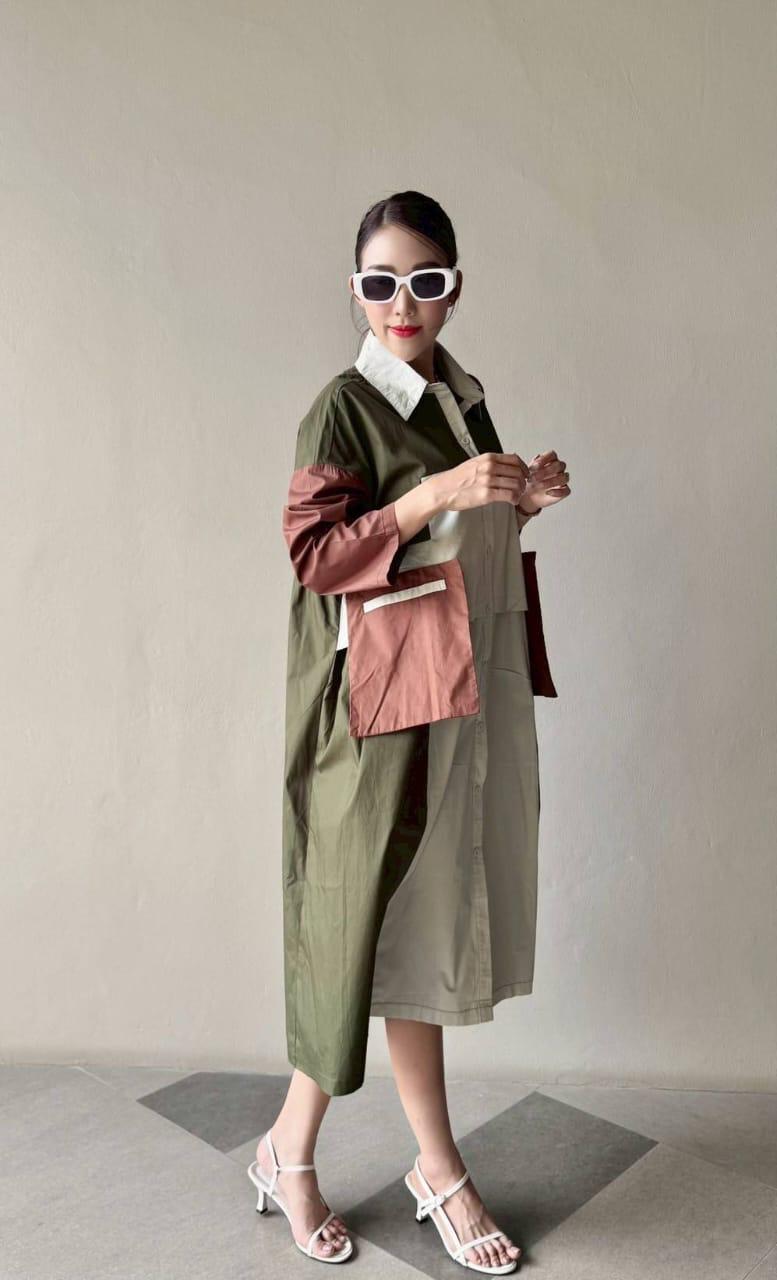 Beige Green Vertical Panel Color Blocking Tunic Dress
