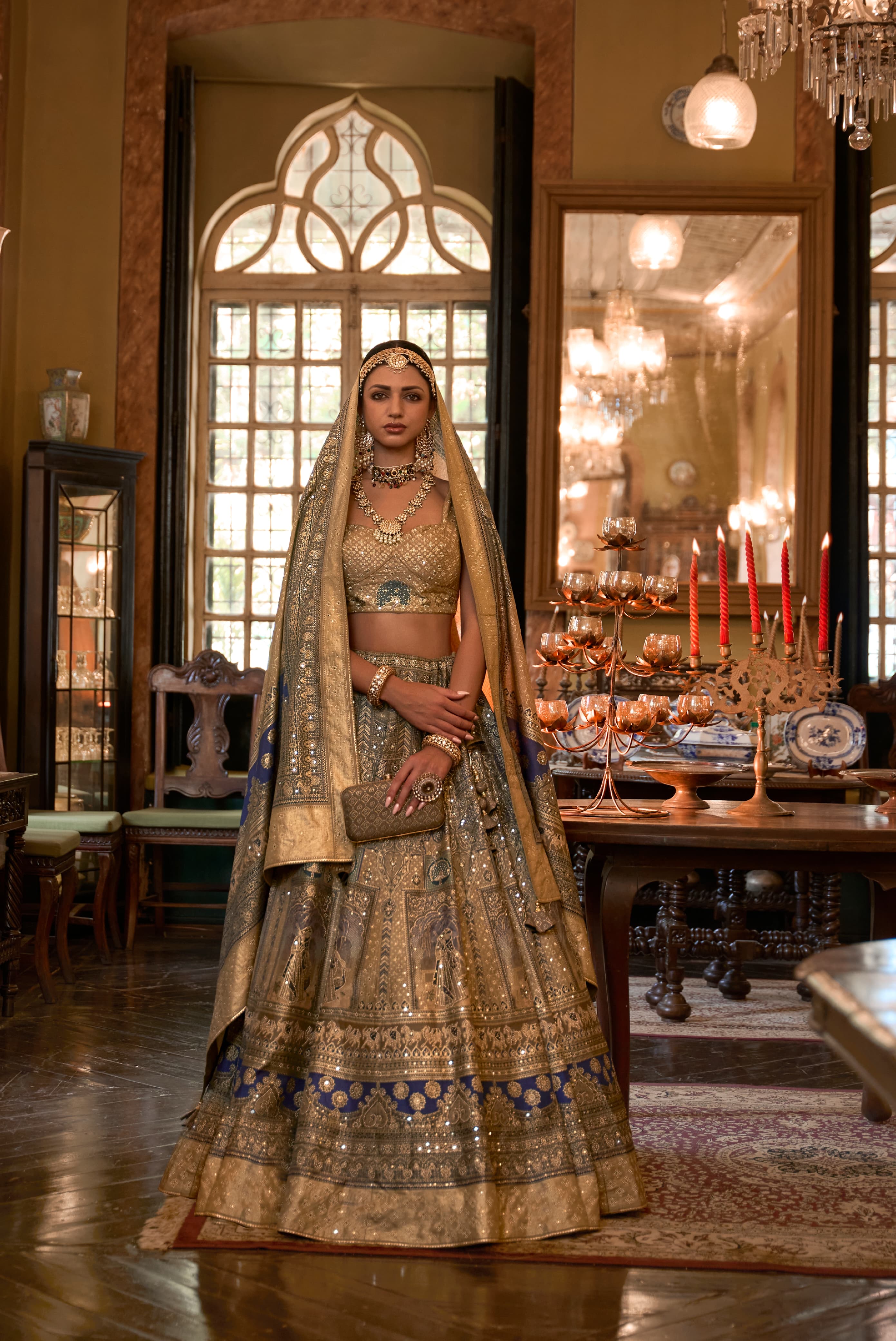 Classic Blue Golden Embellished Premium Silk Lehenga Set