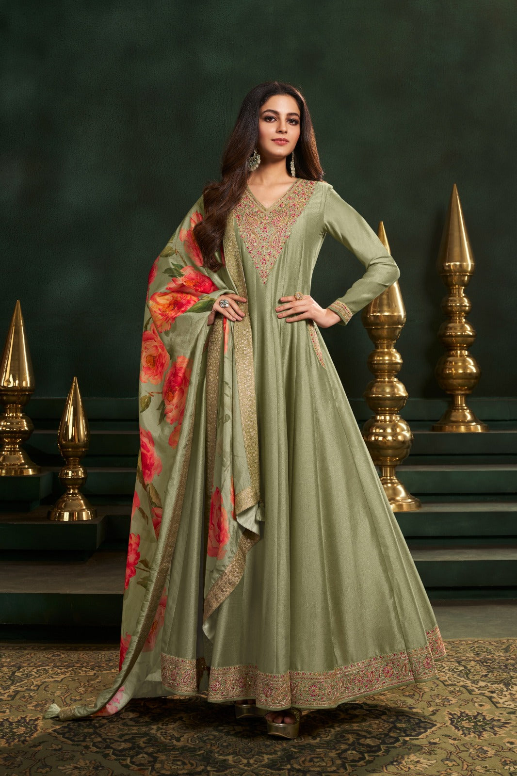 Light Green Embellished Premium Silk Anarkali Set