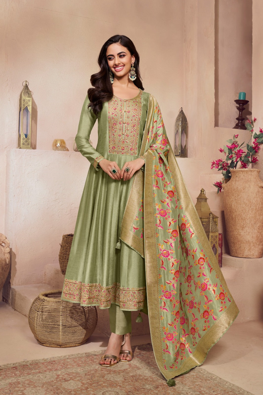 Green Embellished Premium Silk Anarkali Set