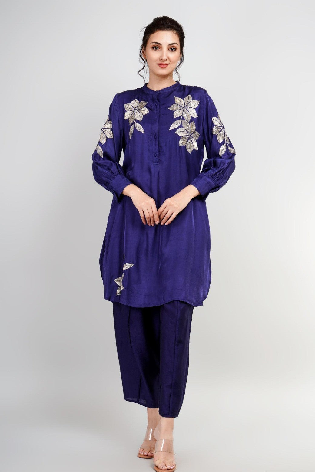 Royal Blue Embroidered Chanderi Raw Silk Co-Ord Set