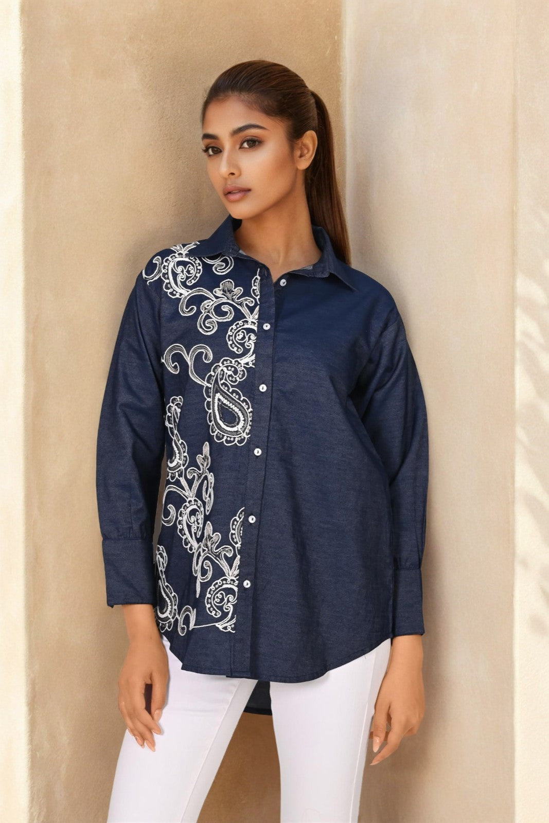 Deep Blue Embroidered Denim Shirt